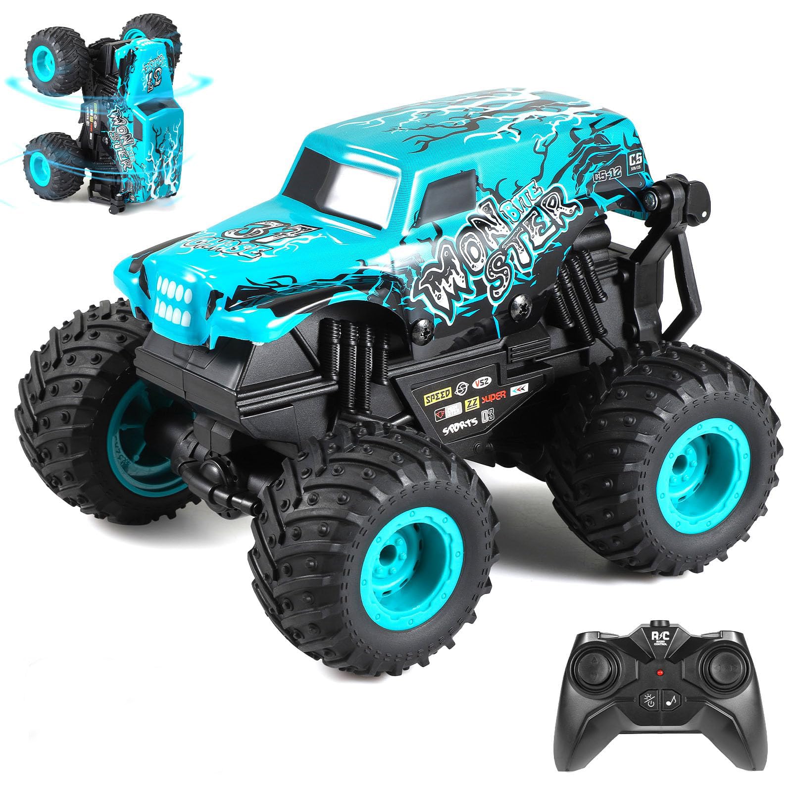 Remote Control Car, 2.4GHz All Terrain Remote Control Monster Truck, RC Dinosaur Monster Car, Spray Music RC Monster Truck for Boys 4-7 8-12 and Girls (Blue Monster)