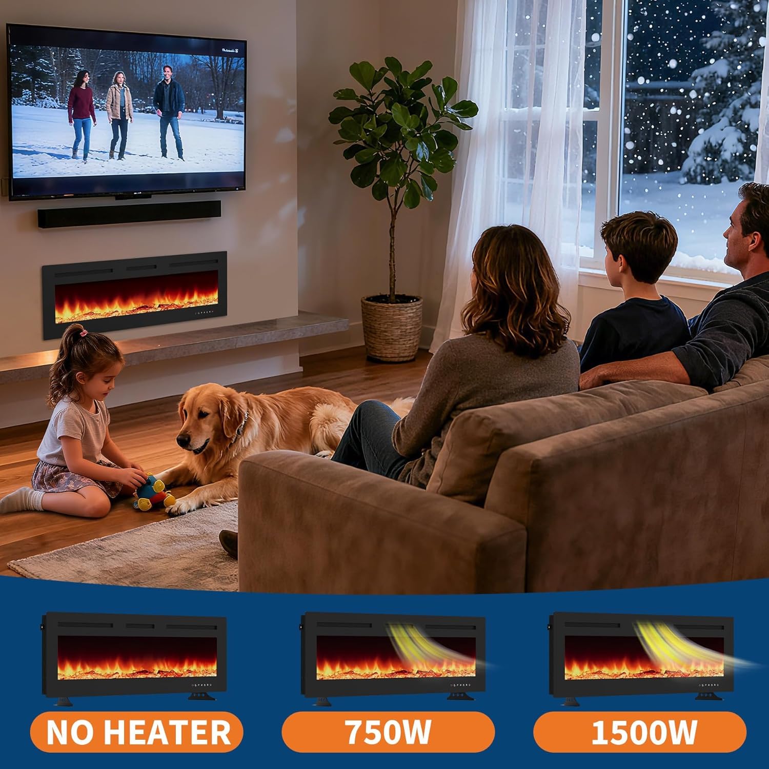 Takywep 50" Wall-Mounted & Recessed 3D Fireplace – 12-Color LED Flame Stove with 900/1800w Adjustable Heating