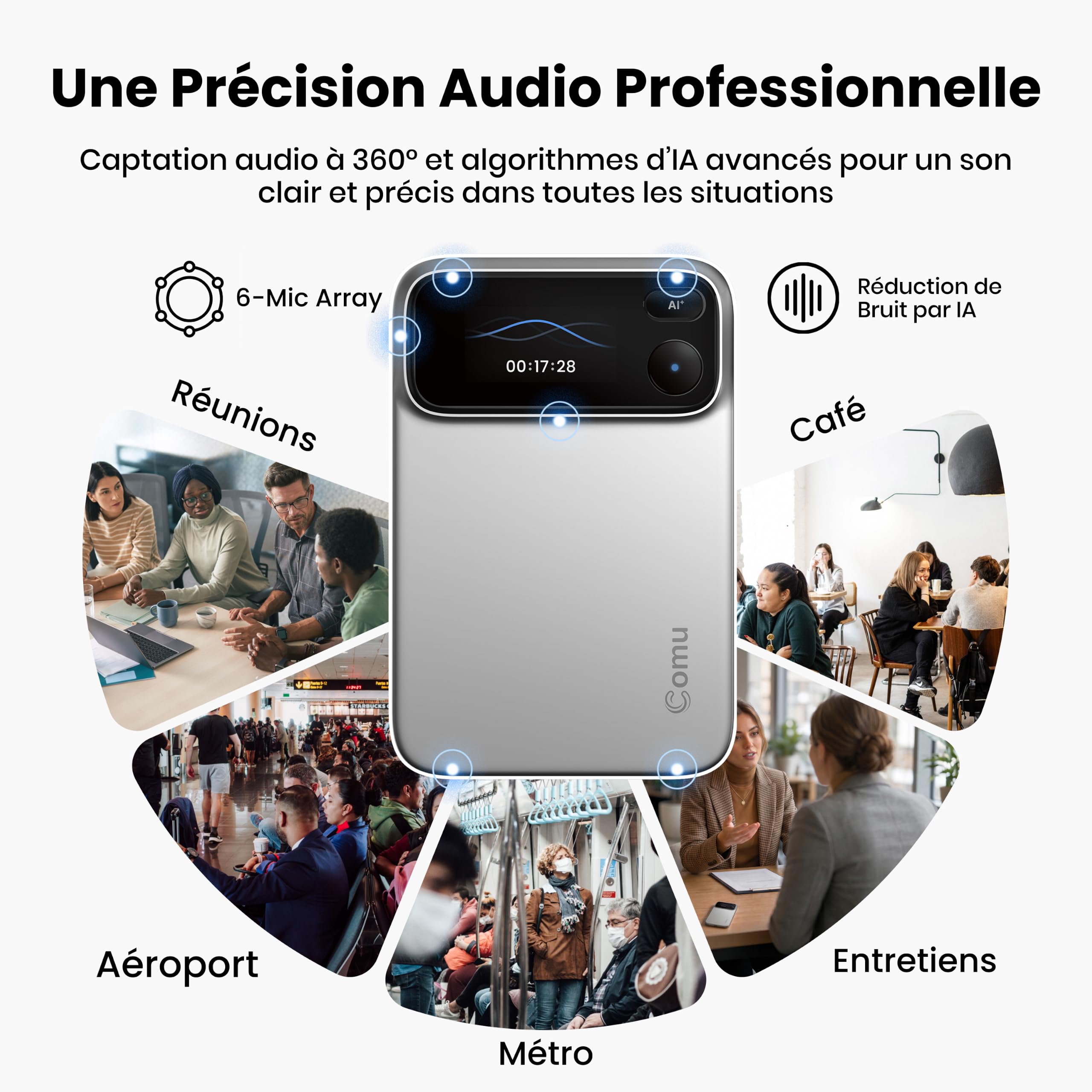 Comu Action Pro Enregistreur Vocal IA Dictaphone avec Agent IA Intelligent