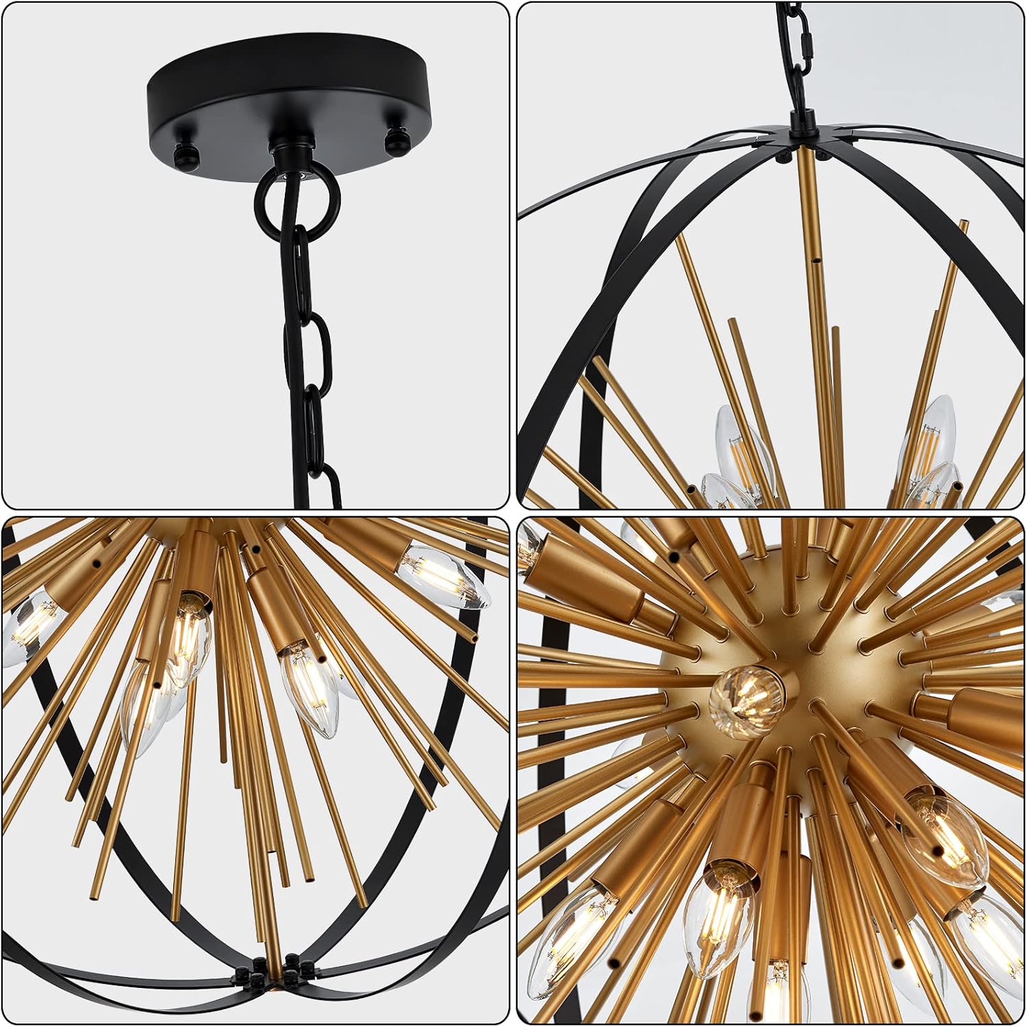 31.5" Black Gold Large Globe Sputnik Chandelier, 16-Light Mid Century Modern Industrial Starburst Golden Metal Satellite Light Fixture for High Ceiling Living Room Dining Room Foyer, E12