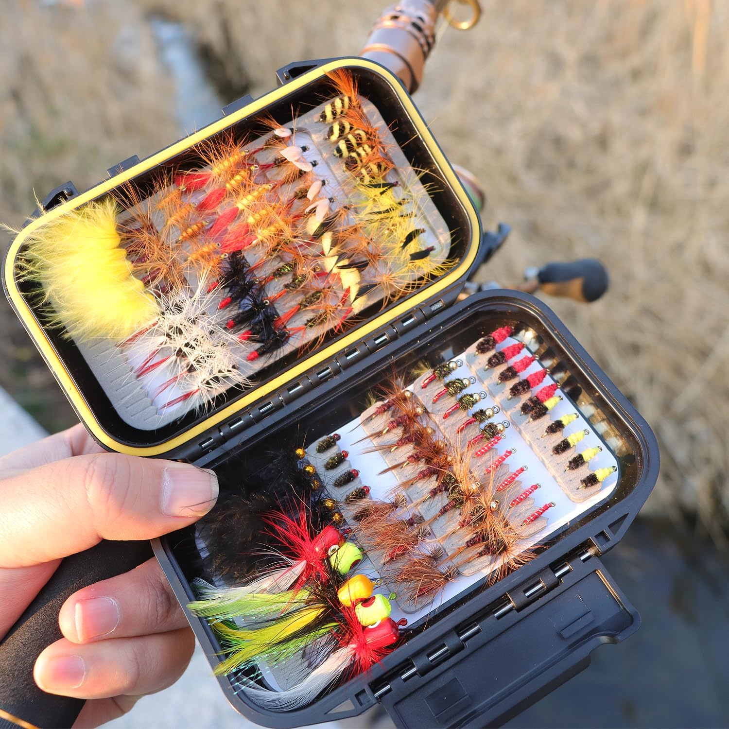 EXAURAFELIS Flying Flies kit Fishing Gear Fishing Lure 64/100/120PCS Dry Wet Flies Tackle Box Fly FishingLures for Bass Salmon Trout Freshwater Walleye Steelhead Bonefish Tarpon Saltwater