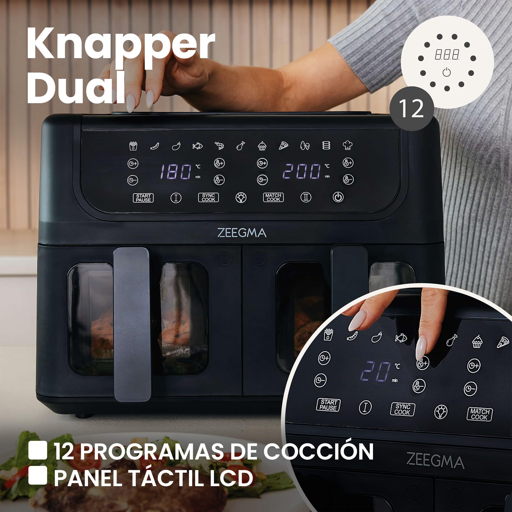 ZEEGMA KNAPPER DUAL Freidora de Aire Con Compartimento Doble 1700 W, 2 Compartimentos, 9 L de Capacidad, 11 Programas, Temperatura 60-200 °C Calentamiento Instantáneo 60 s Panel táctil