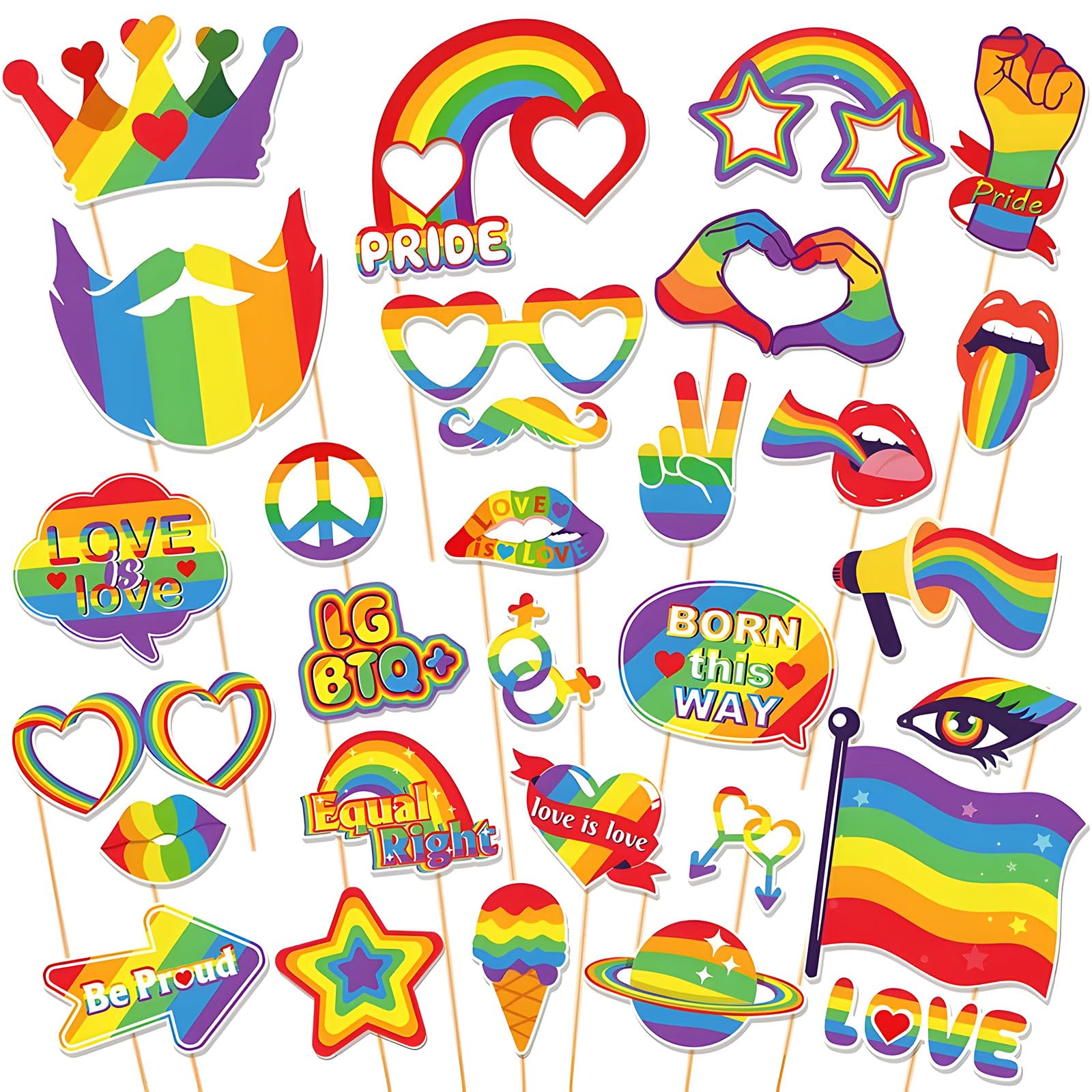 30 Pcs Pride Decorations Photo Booth Props, LGBTQ Gay Pride Accessories Selfie Photo Props, Pride Photo Props for for Rainbow Party Parades LGBTQ+ Celebration Events Fancy Dress Costume