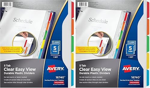 AVERY Clear Easy View - Separadores de plástico duraderos, 5 pestañas (16740), multicolor (paquete de 2)
