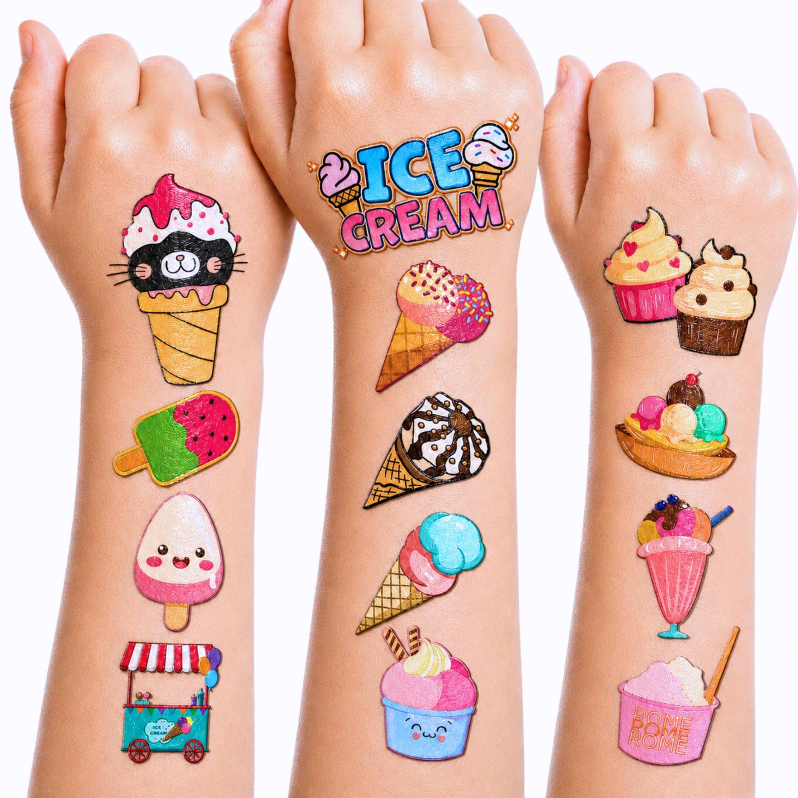 96PCS Ice Cream Temporary Tattoos for Kids, Pre-Cut, Birthday Party Favors, | Sweet One Summer Pool Party Decorations, Goodie Bag Fillers, Classroom Prizes for Girls Boys