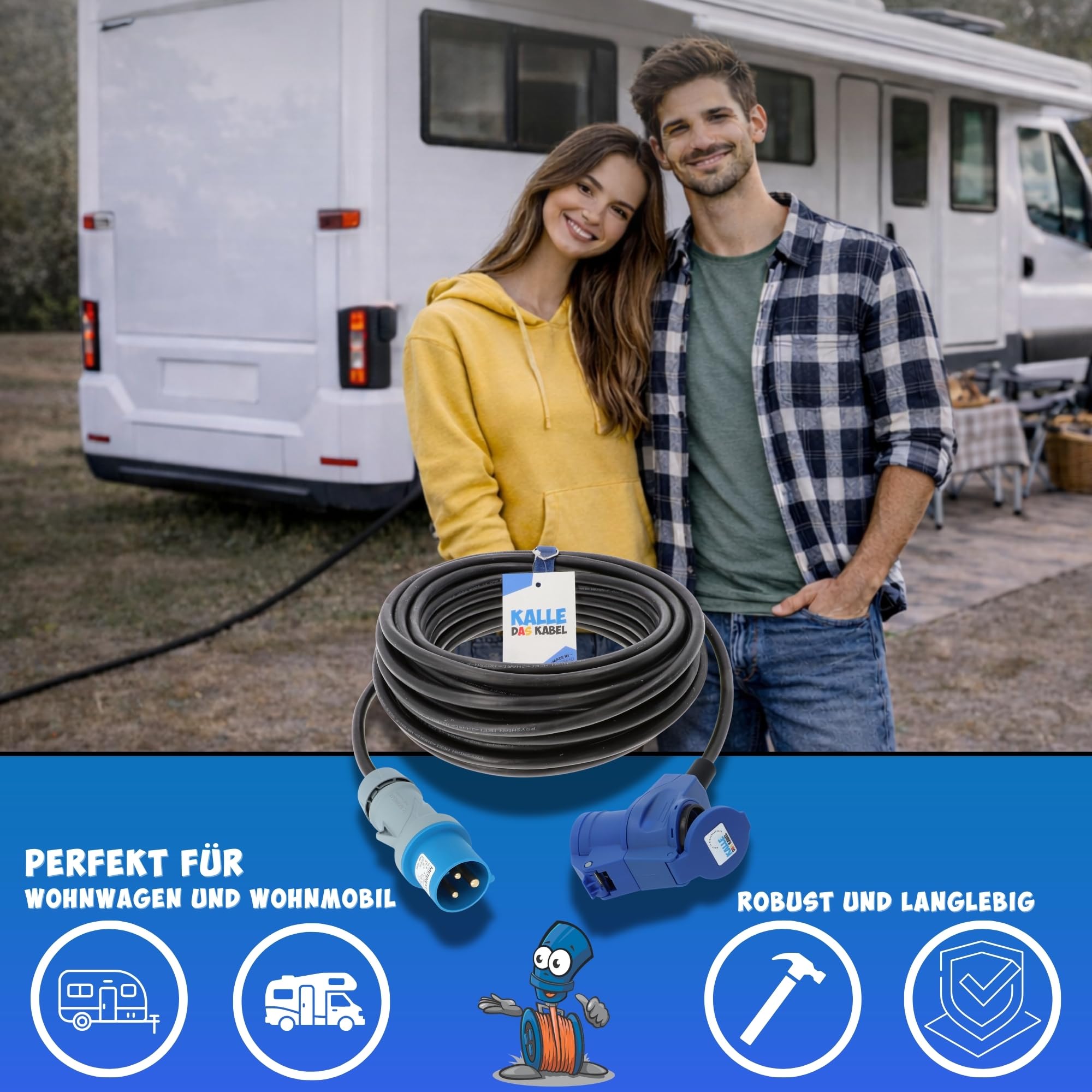 KALLE DAS KABEL CEE Verlängerungskabel 230V 16A – H07RN-F 3G 2,5 mm², CEE Stecker auf CEE Winkelkupplung mit Schukosteckdose & LED Spannungsanzeige, IP44, Schwarz Gummi, Camping Caravan 25 Meter
