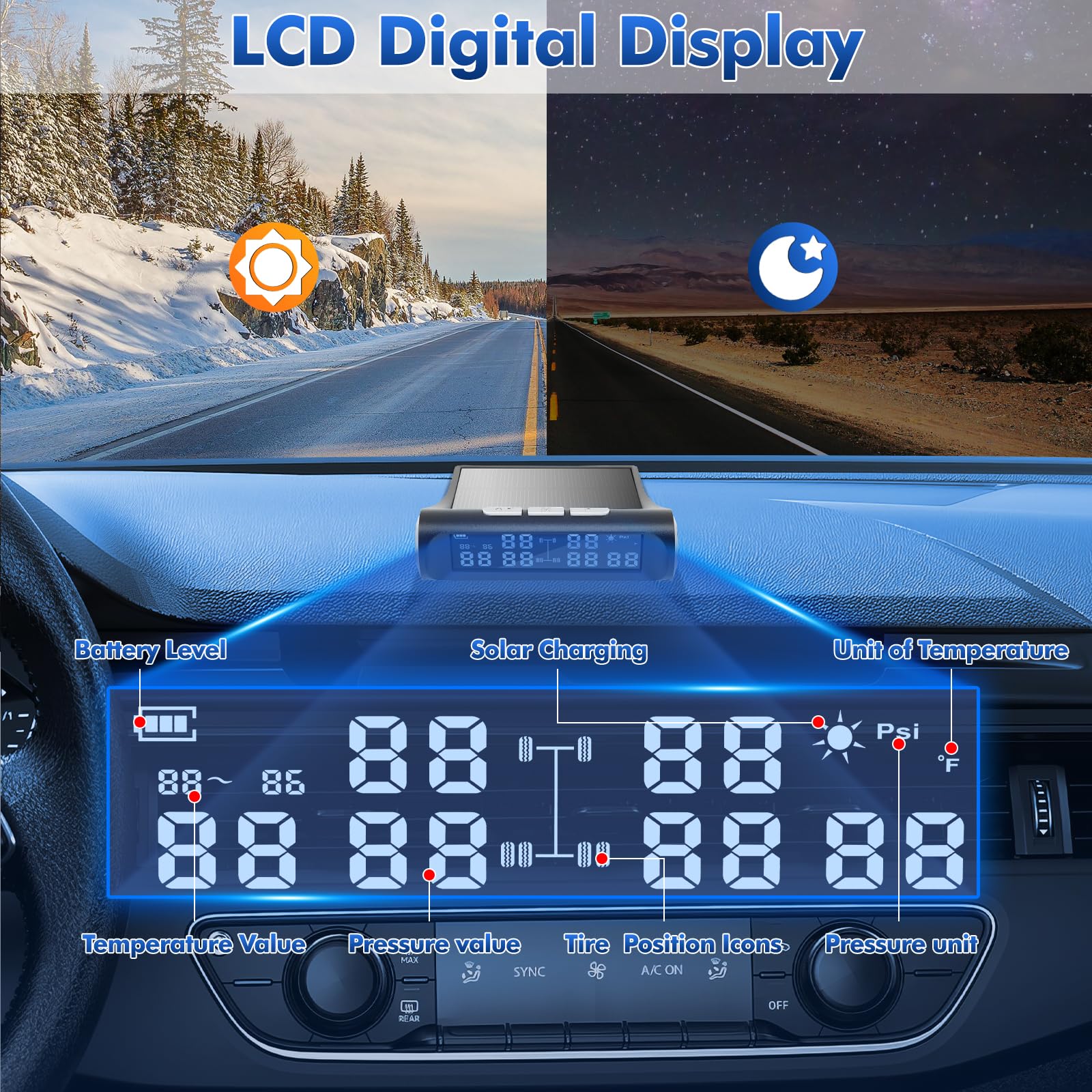 TPMS 9,9bar(144psi) Sistema di Controllo della Pressione dei Pneumatici con 6 Sensori Esterni, Ricarica Solare e USB, 6 Gomme modalità di Allarme per Camion, Roulotte