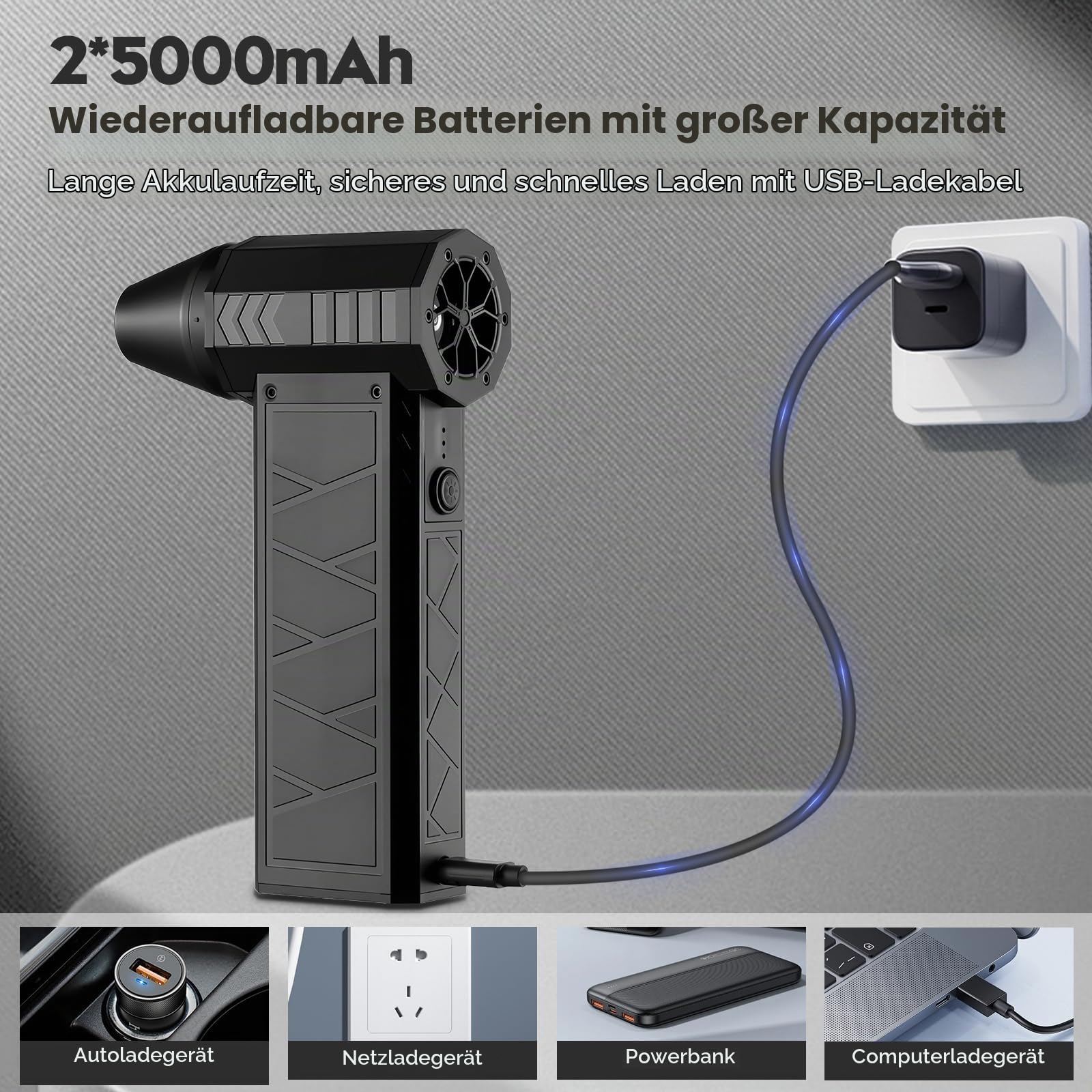 Elektrische Staubgebläse 180000 U/min Gebläse Akku mit 4-Gang Compressed Air Dust Blower Reinigungsbürste für PC Reinigungsset Staubgebläse Druckluftspray Auto, Sofa, Tastatur Luftdruckspray (Schwarz)