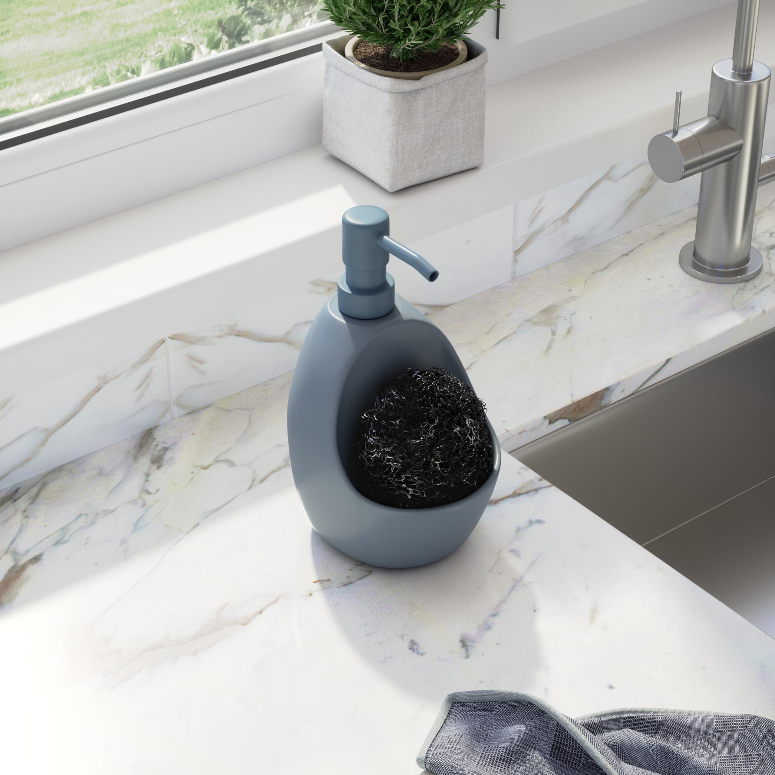 Umbra Joey Ceramic Liquid Soap Dispenser with Sponge Caddy, Ideal for Kitchen or Bathroom Use Slate Blue, 590ml - Image 3