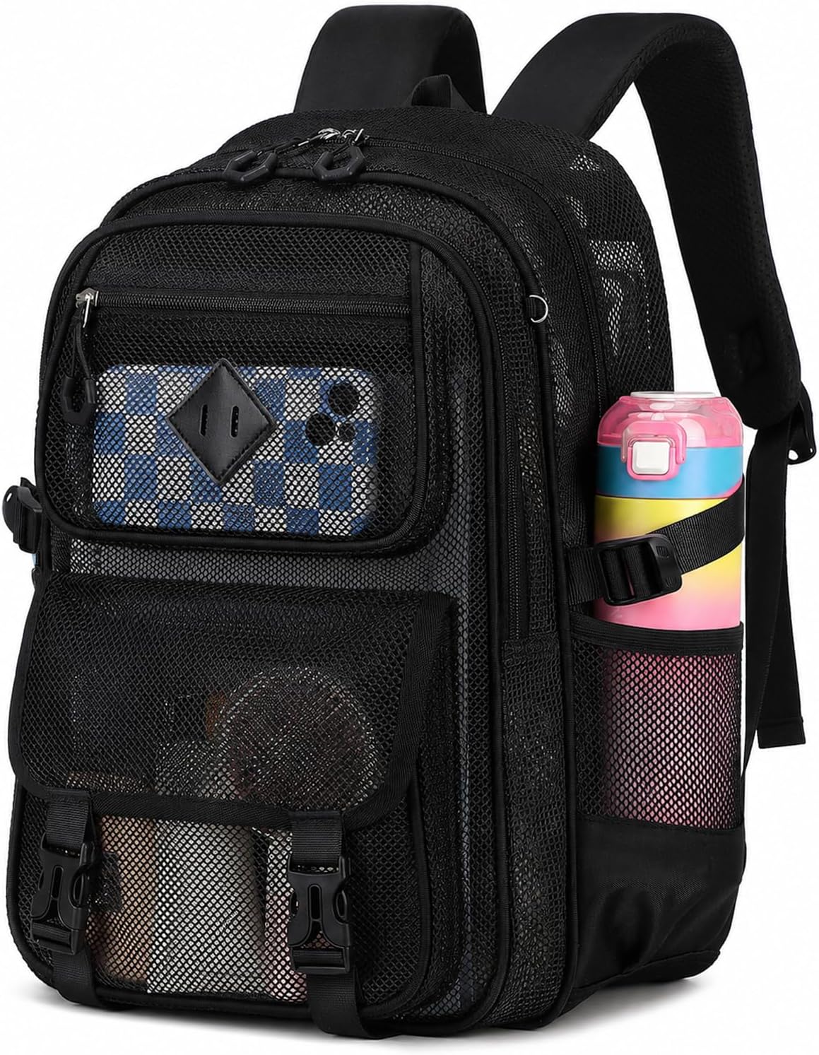 PIG PIG GIRL Mesh Backpack, 17in Heavy Duty See Through Backpack Ultra-Lightweight Net Bookbag Breathable Transparent Beach Backpacks for School Sports Gym, Black