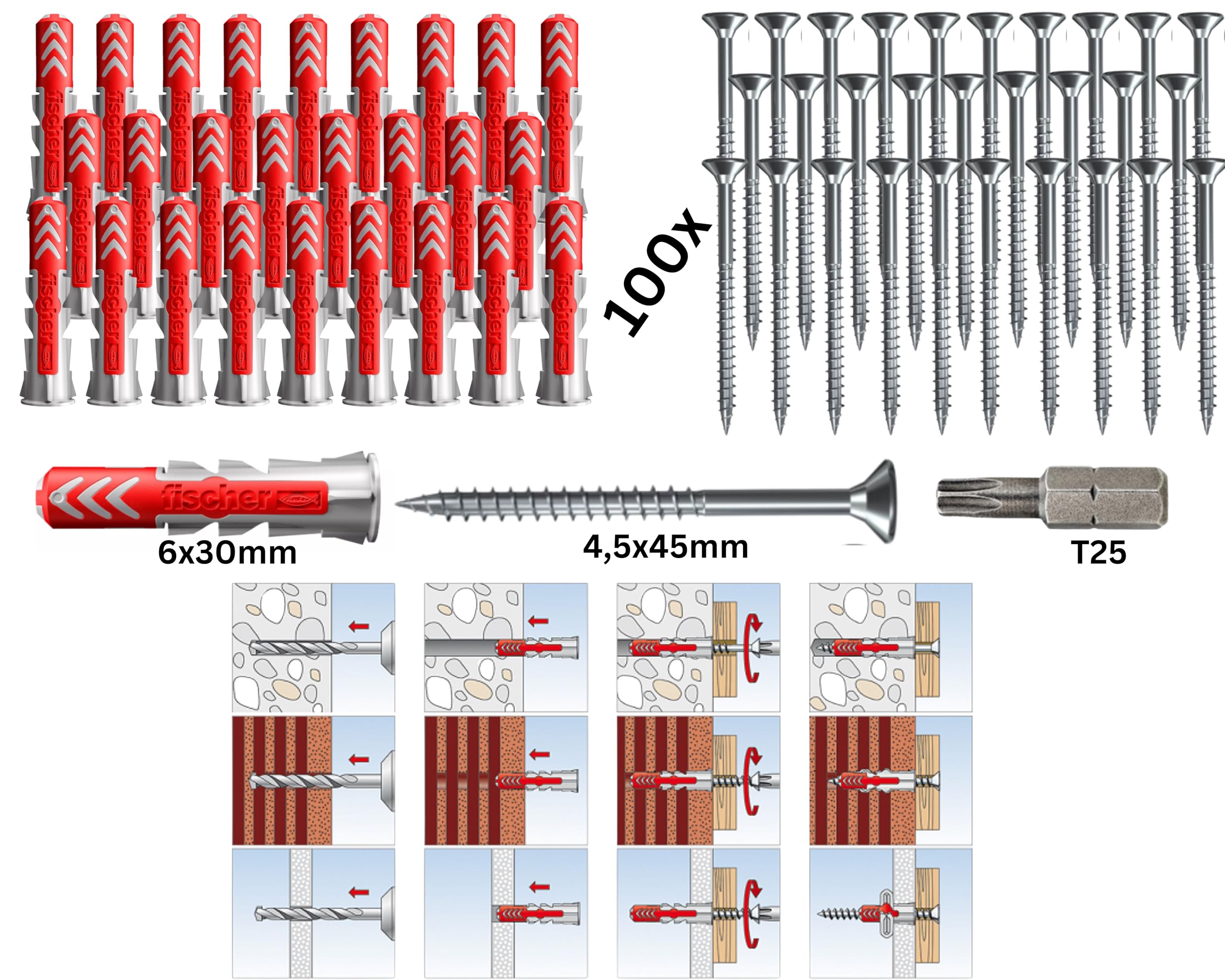 Fischer Duopower Dowels with Screws and Bit, Universal Dowels, Powerful 2K Dowels, for Mounting in Concrete Bricks, Stone - Image 2