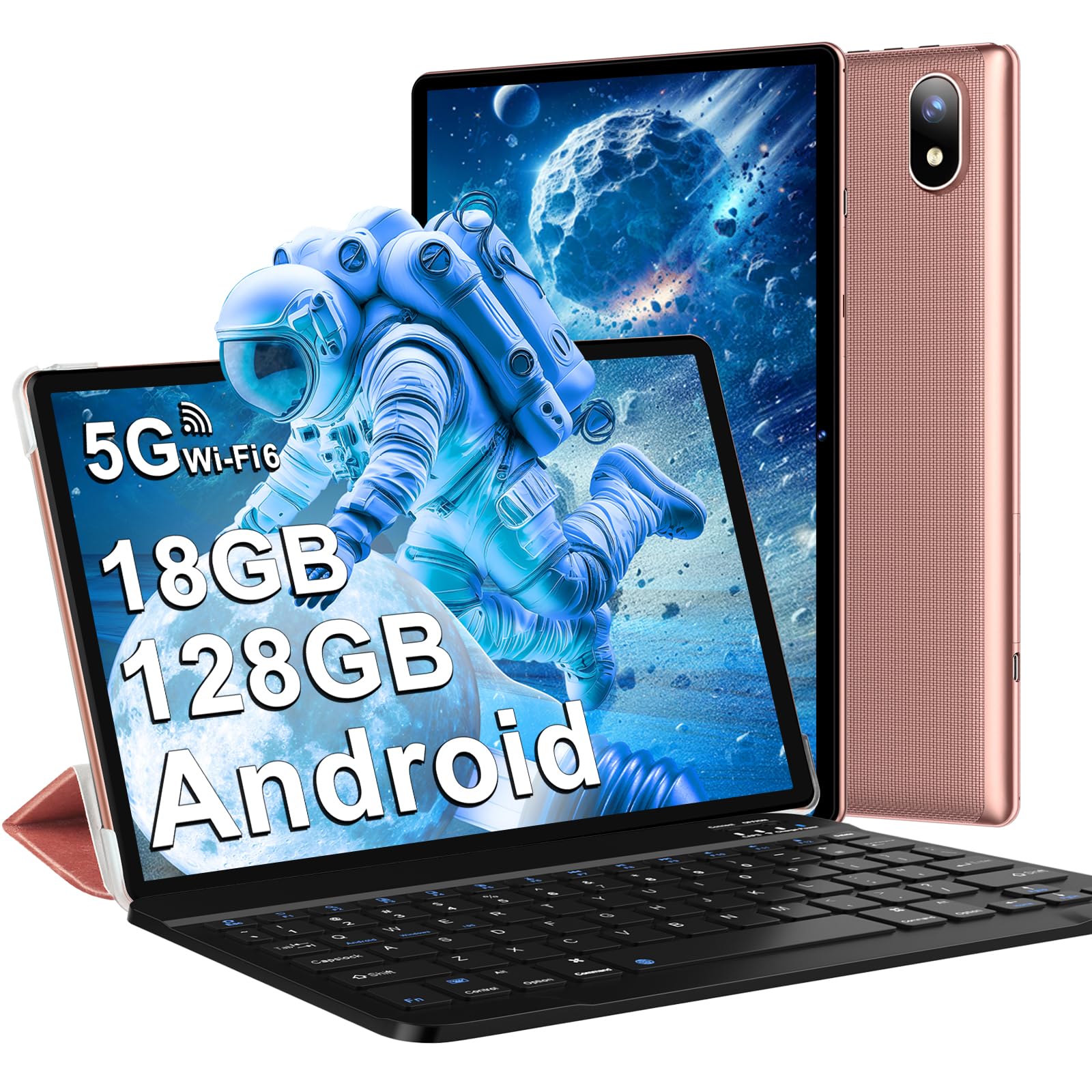 DMOAO Tablet 10 Pollici Android 14 con 18 GB RAM + 128 GB ROM(TF 1TB), FHD Tablet con 5G Wi-Fi 6, Widevine L1, Octa-Core, USB-C, BT 5.0, 6000 mAh, Tastiera + Mouse + Custodia, Oro Rosa