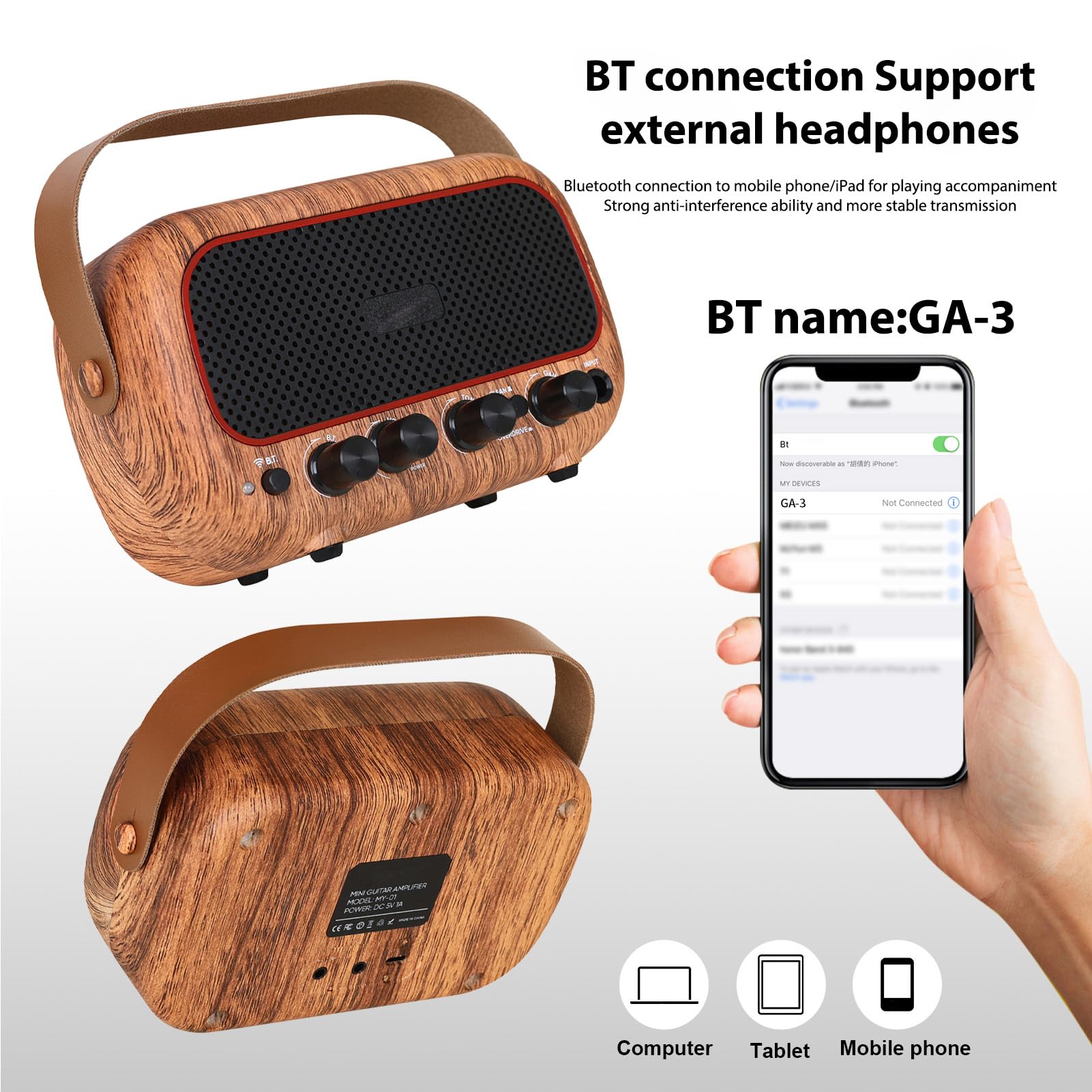 Amplificador de Guitarra Portátil, Amplificador de 10 W con Batería Recargable, Altavoz Dual para Guitarra Eléctrica y Reproducción de Música (Brown)