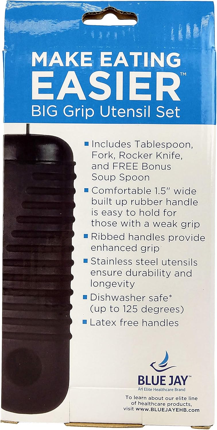 Blue Jay Make Eating Easier Big Grip Utensil Set - Arthritis Aid Silverware Set, 1.5in Ribbed Made with Ribbed Rubber Handles and Stainless Steel, for Weak Grip, Latex-Free, Eating Aids : Health & Household