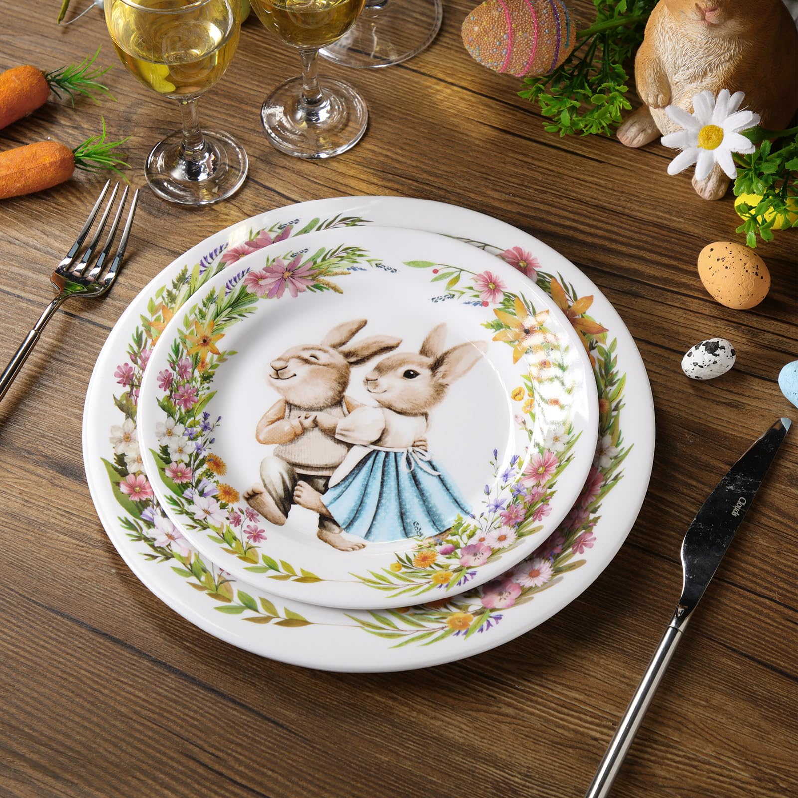 Lot de 8 assiettes à salade et 10 assiettes de dessert de lapin de Pâques de 8 pouces et 10 pouces, assiettes de dessert aux designs variés, assiettes multicolores, vaisselle de lapin de Pâques