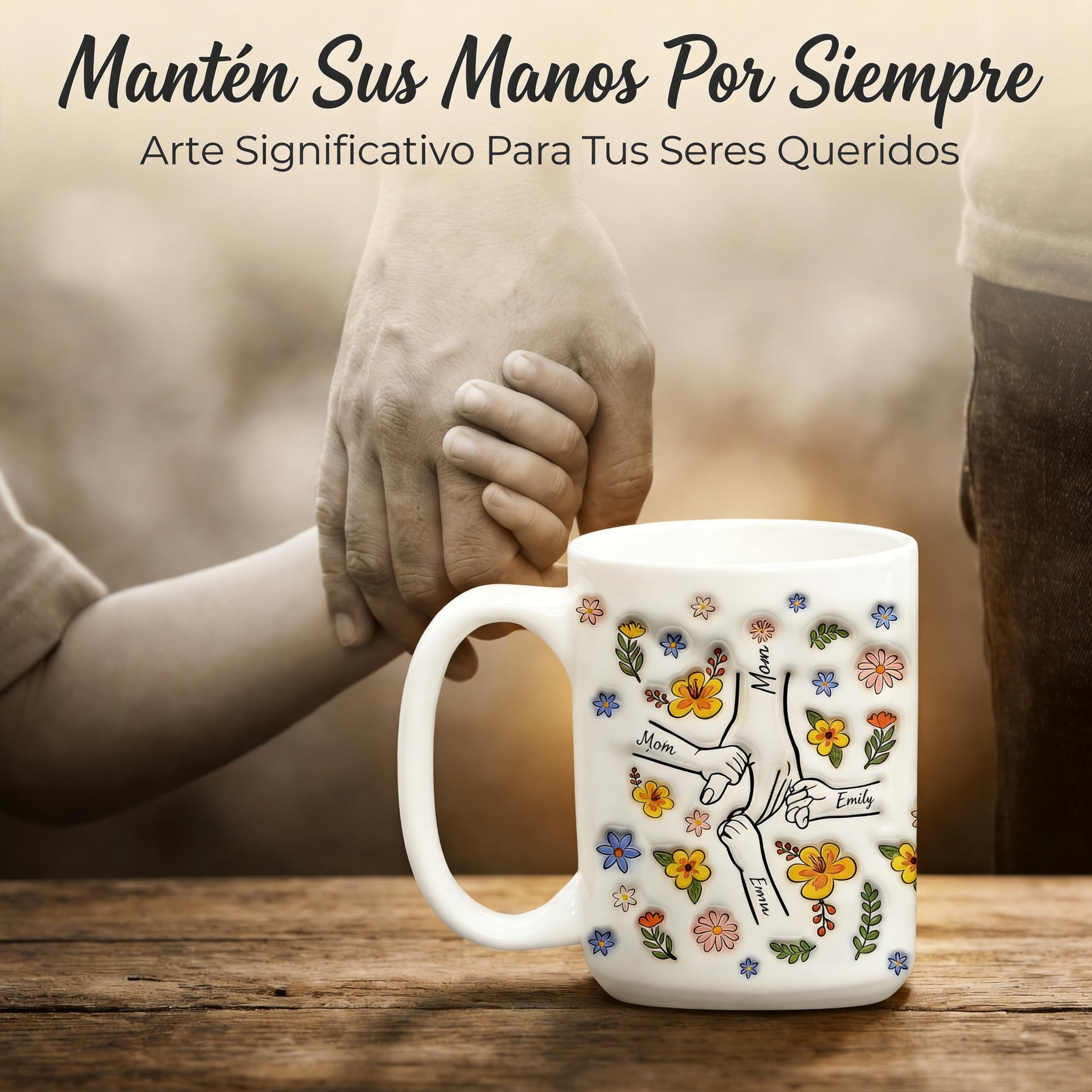 SOUFEEL Taza de abuela personalizada con nieto, abuela, mamá y nietos, flores a mano en mano, regalos personalizados para mamá y abuela, Patrón 3D taza de café, regalo del día de la madre — view 5