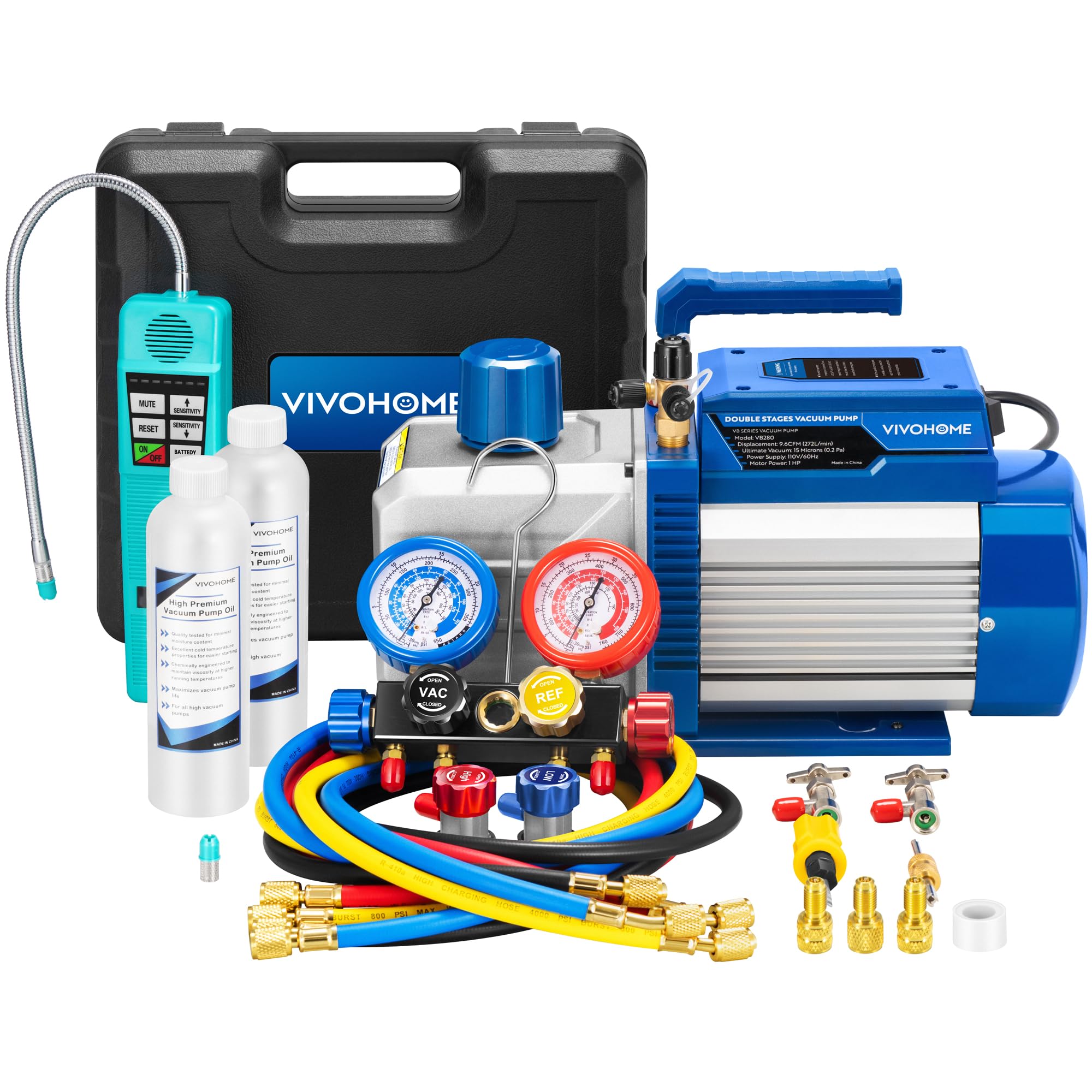 VIVOHOME 1 HP 9.6 CFM 2 Stage AC Vacuum Pump and 4 Way Manifold Gauge Set