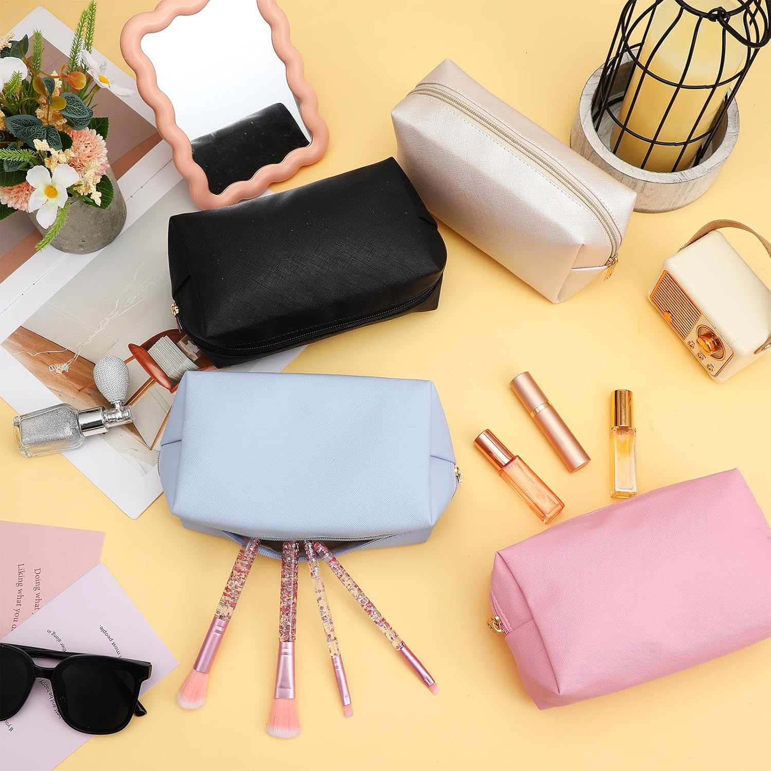 12 Pcs Preppy Makeup Bag PU Leather Cosmetic Bag Bulk Makeup Plain Pouch Waterproof Toiletry Purse for Women Traveling Preppy Pencil Case Travel Purse Cosmetic(Mixed Colors - Image 7