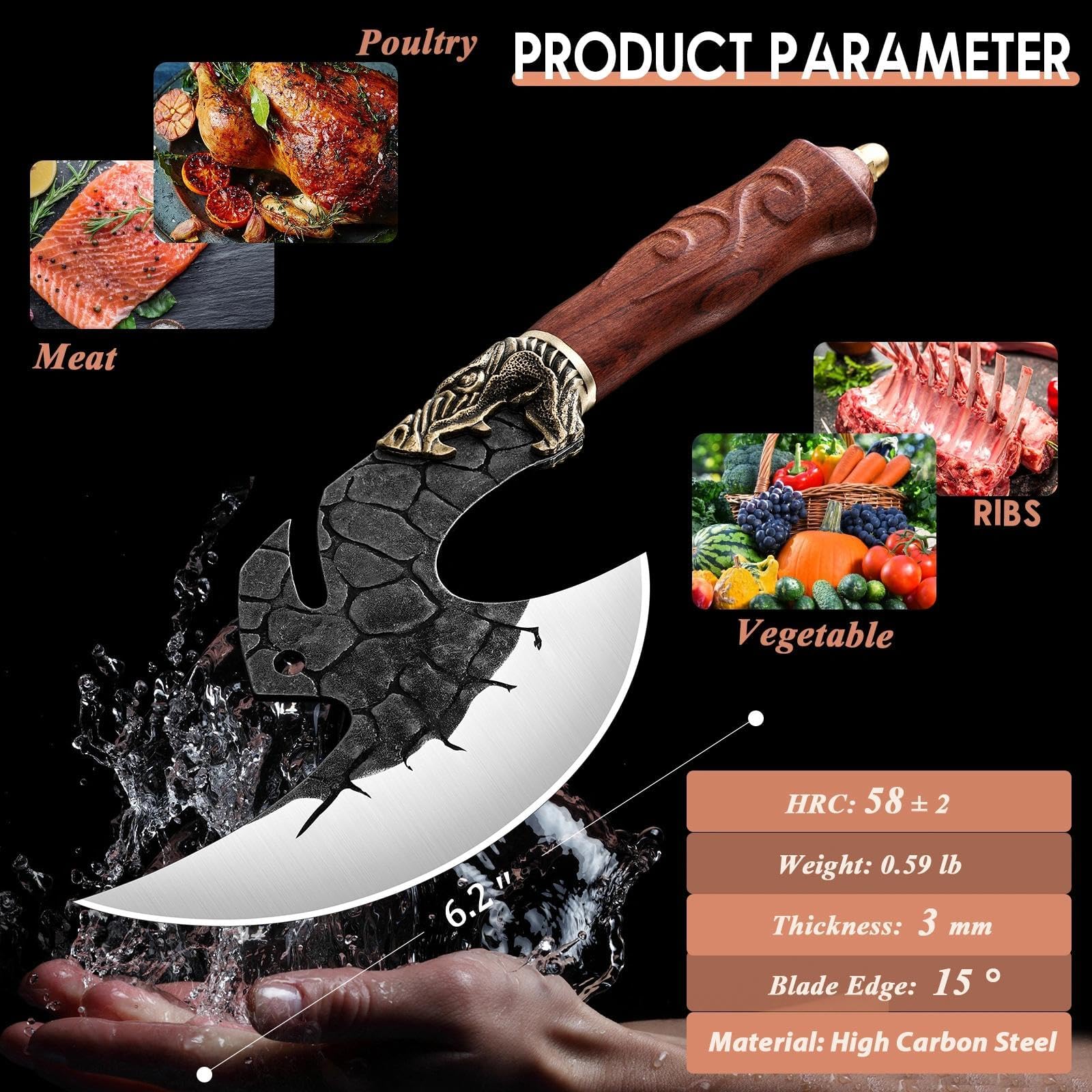ROCOCO Viking Cleaver Knife Birthday - Butcher Meat Cutting Boning Knife Hand Forged Chinese Kitchen Axe with Sheath Home Outdoor BBQ Camping Chirstmas Mother Father Gift Men