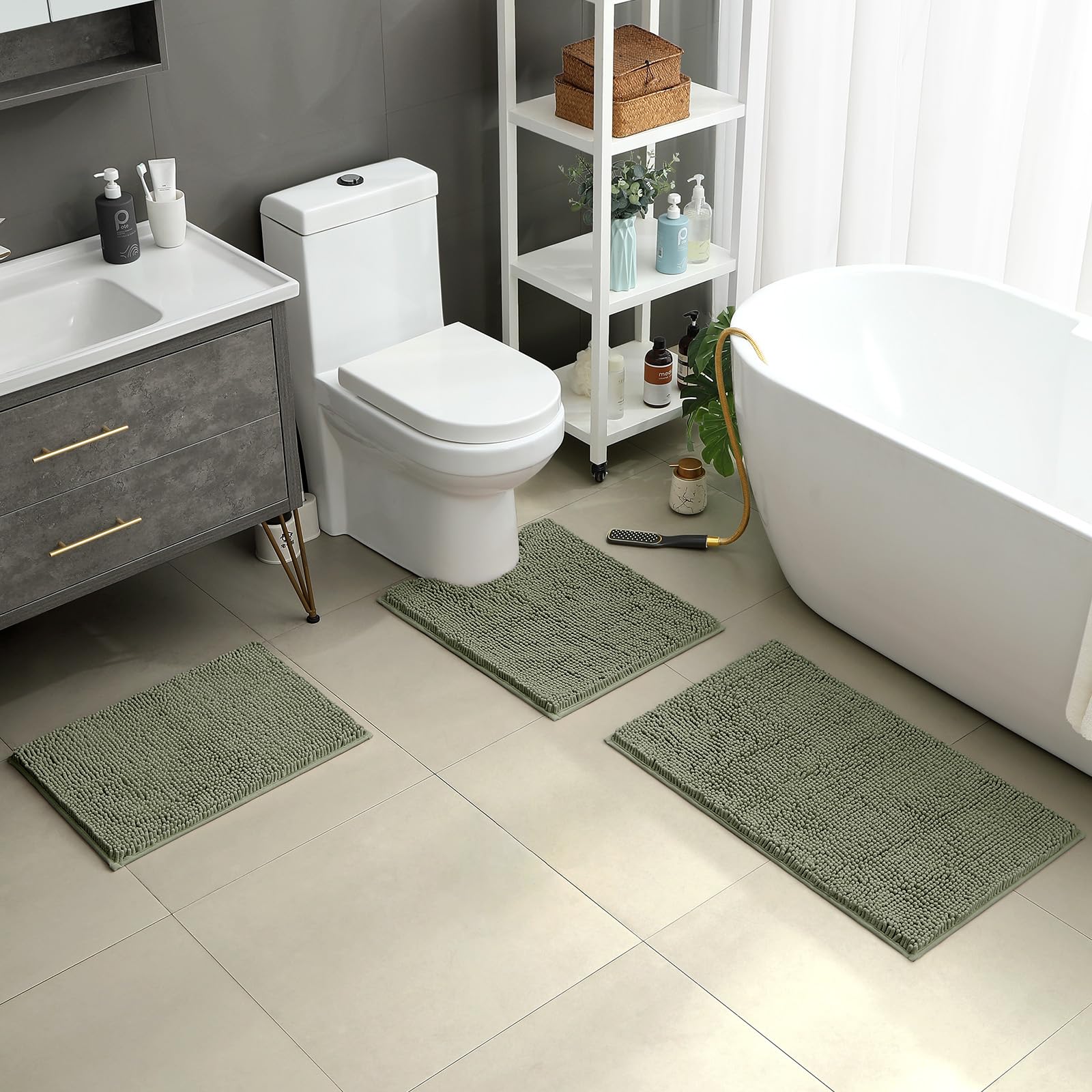 3 piezas de alfombras de baño ultra suaves antideslizante y absorbente, alfombra de Chenille de baño, alfombras de baño de felpa para bañera, ducha, baño 2