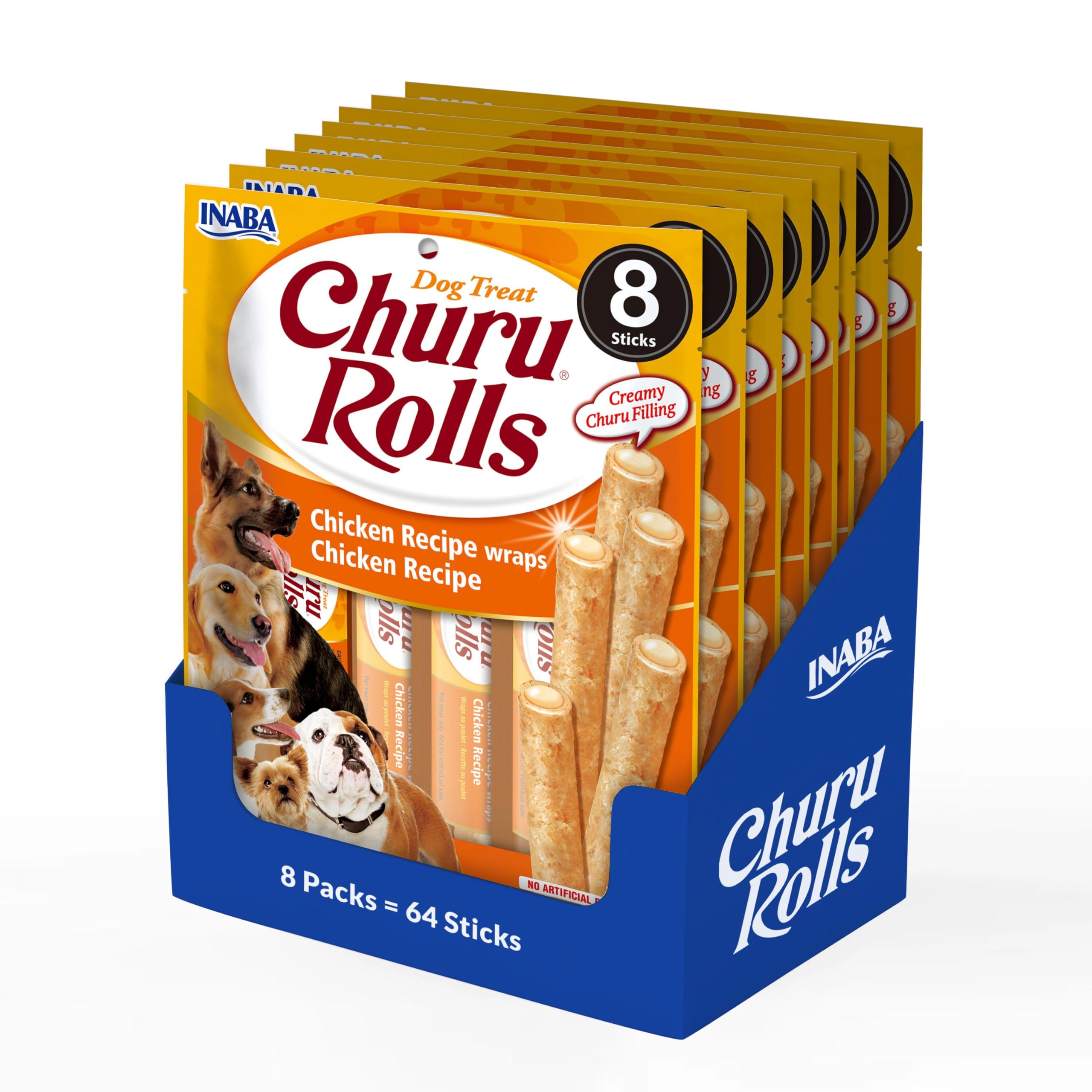 INABA Churu Rolls Snack per Cani, Bastoncini di Pollo con Cuore di Pollo - 8 Pack (64 Stick x 12gr) - Premietti per Cane Morbidi e Deliziosi - Cibo per Cani Senza Conservanti o Coloranti Artificiali