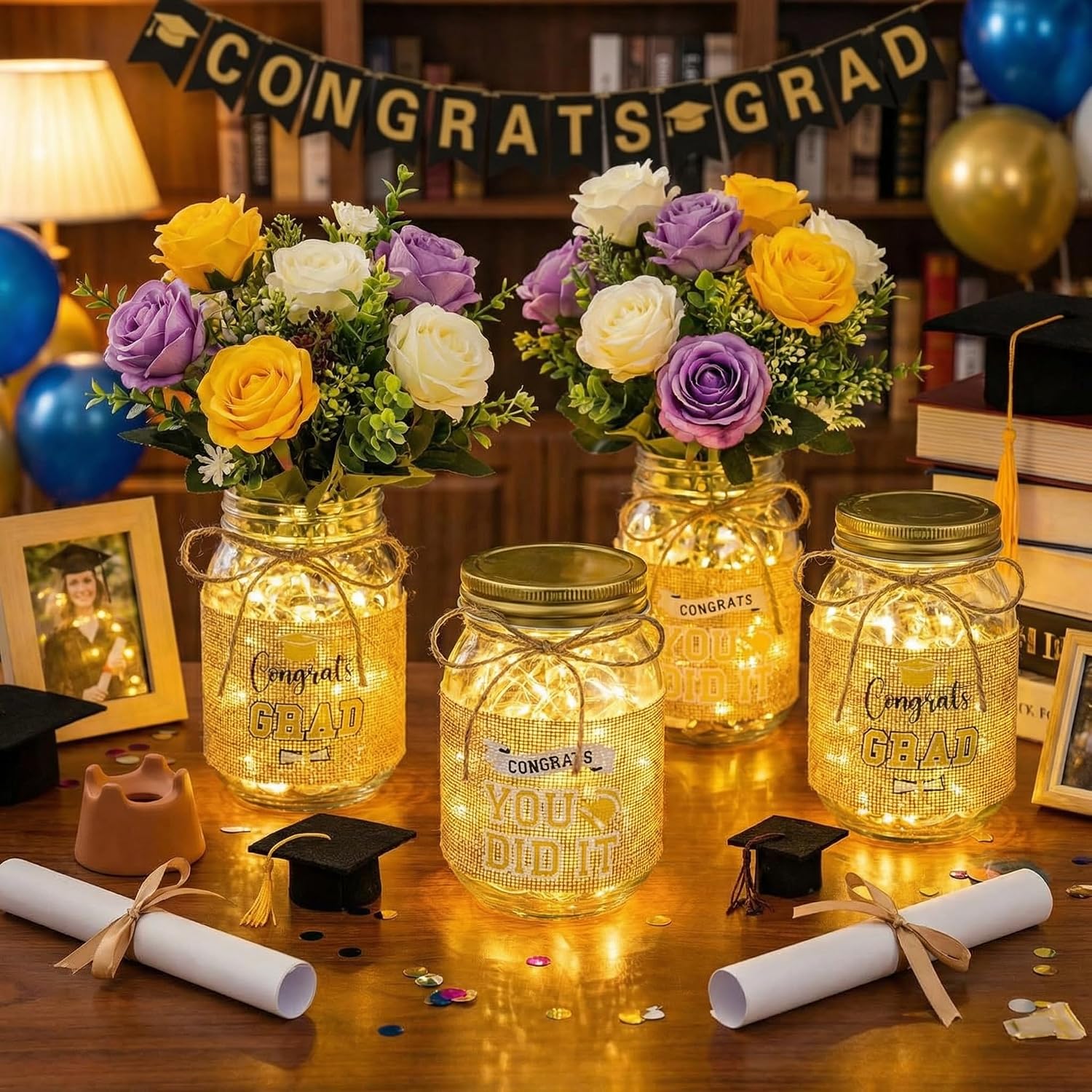 Blushtier 8 Sets White and Gold Graduation Decoration Centerpieces for Table 2026 Congrats Grad Mason Jar Centerpieces with Lights Burlap Cover Metallic Raffia for Congrats Grad Party Supplies image 2