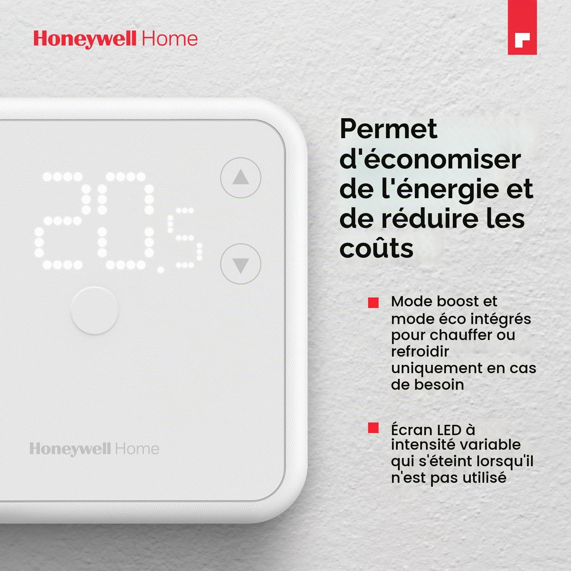 Thermostat d'ambiance Honeywell Home, facile à lire, affichage LED économe en énergie, filaire, noir