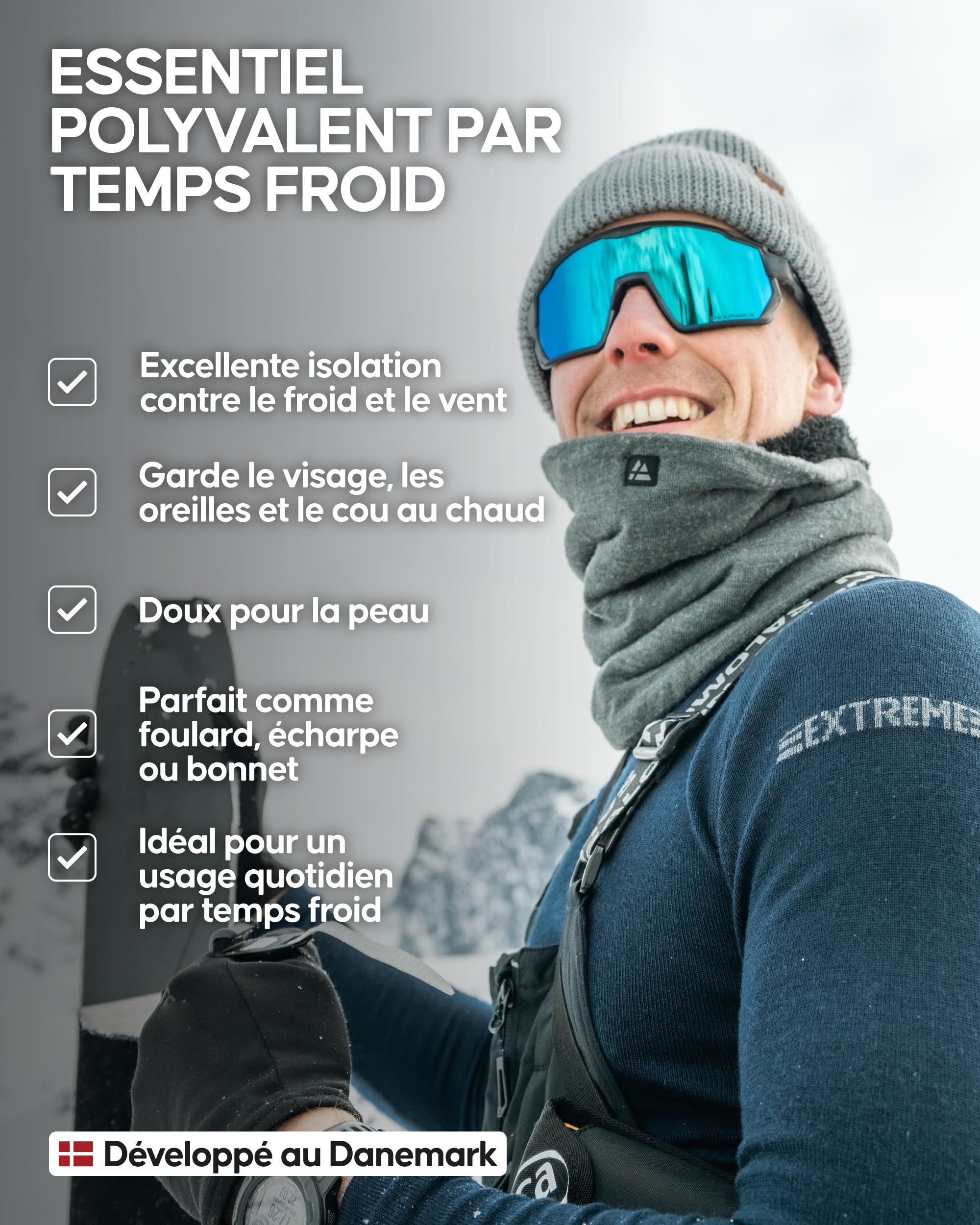 DANISH ENDURANCE Cache-Cou en Laine Mérinos Thermique avec Polaire, Multifonction, Écharpe Coupe-Vent pour Hommes et Femmes