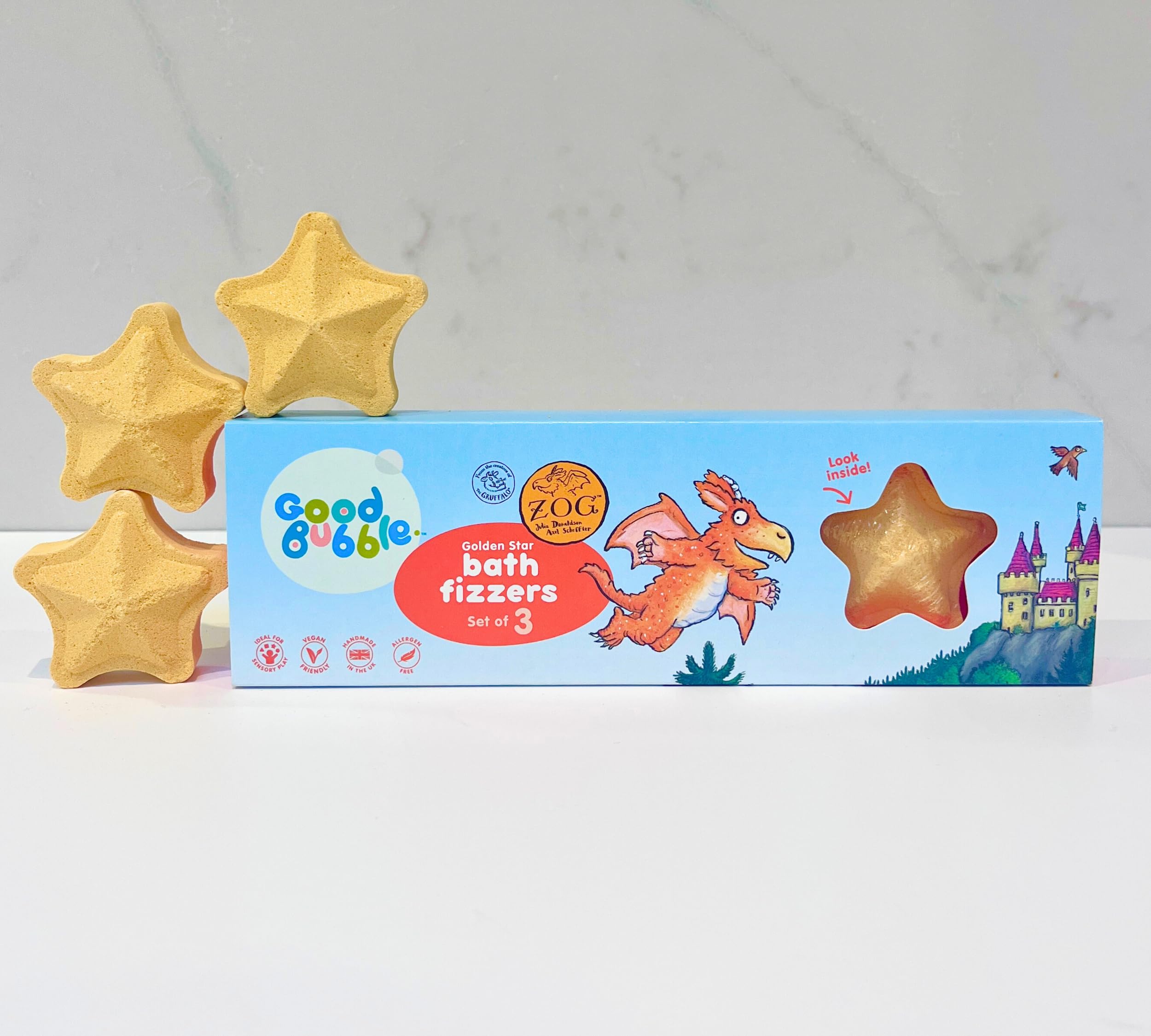 Good Bubble Zog Golden Star Bath Fizzers - Set of 3 Toddler Bath Bombs - Dragon Fruit & Orange Allergen-Free Fragrance - Fun Sensory Foaming Bath Experience for Kids