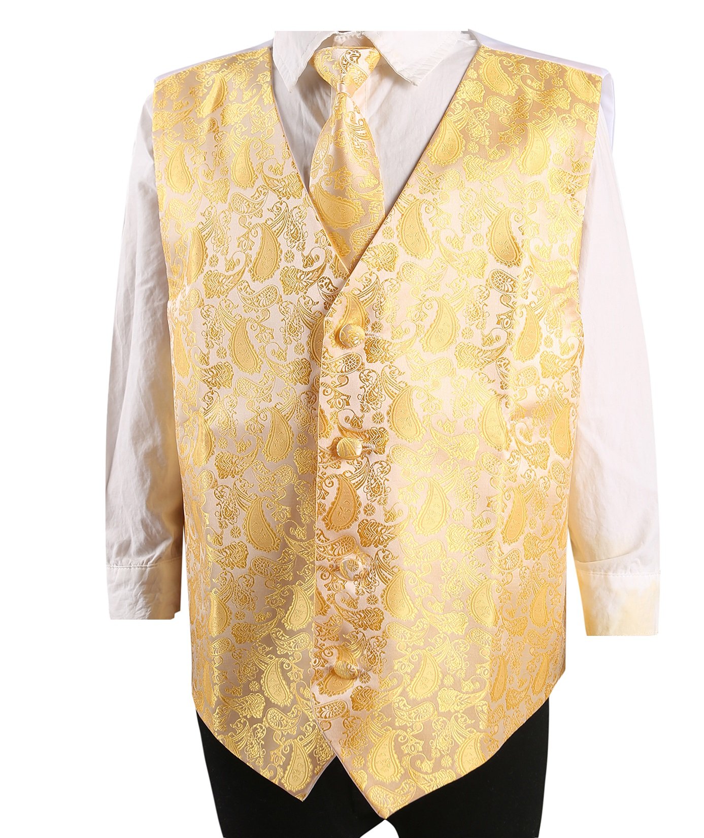 L&L® Kid Children Boy Paisley Design Waistcoat Vest and Tie Handkerchief Set for Suit (13-15 Years Old, Yellow)