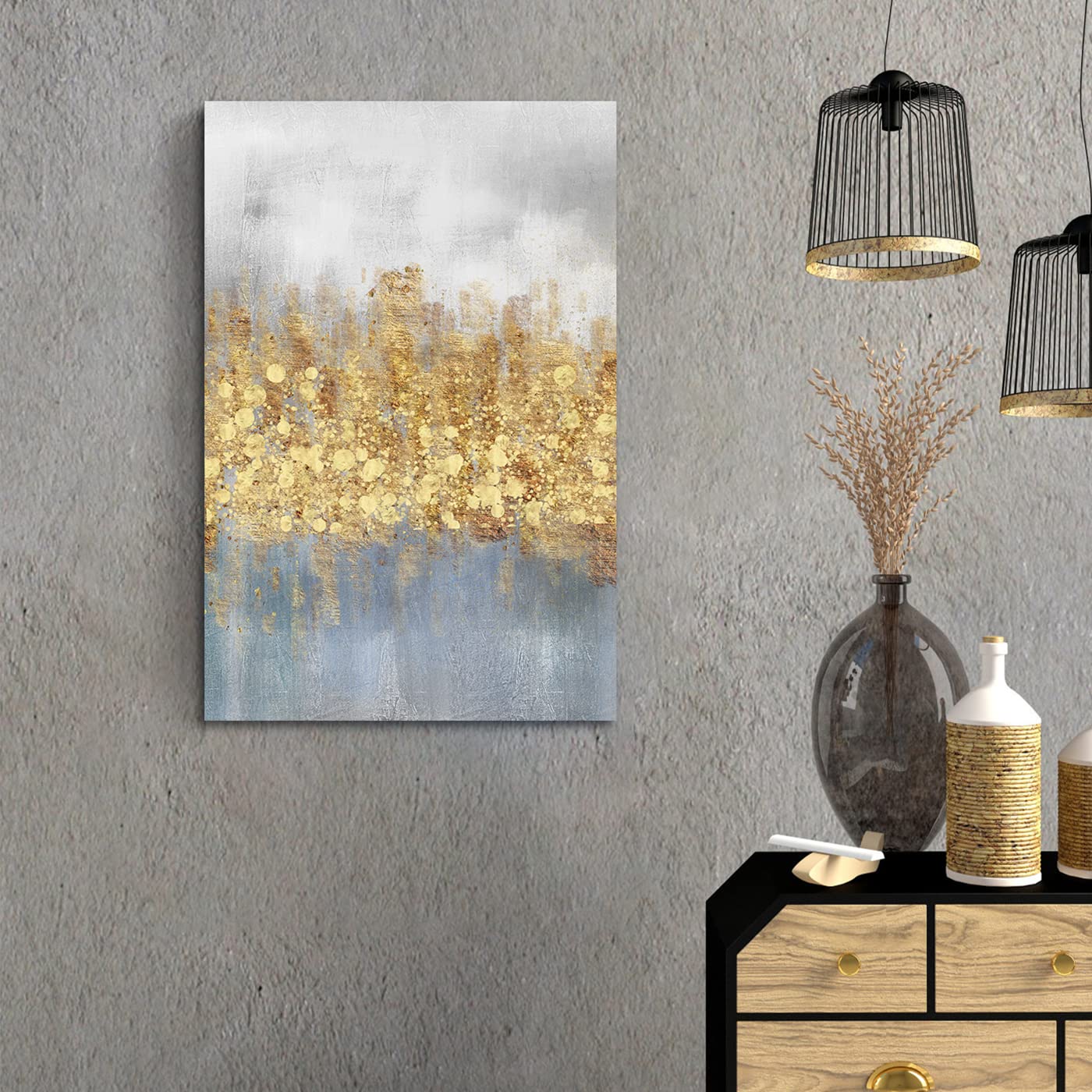Modern Abstract Wall Art Blue Grey and Gold Yellow Room Decor 3 Pcs Neutral Wall Art Painting with Light Industry Style Artwork Wall Art Pictures for Office Home Living Room Bedroom Men Gift 16"x 24"