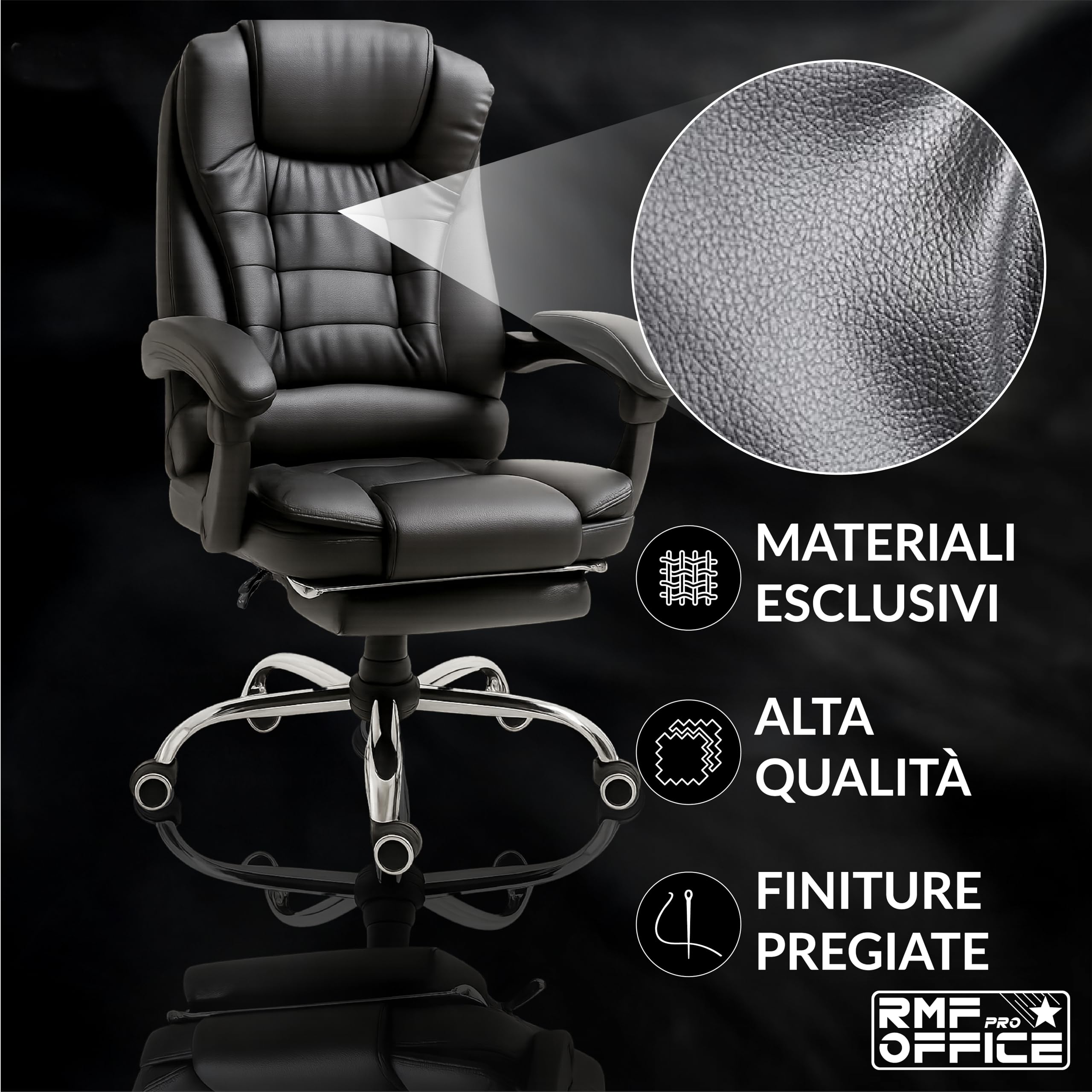 RMF Sedia Ufficio Ergonomica Professionale Reclinabile, Sedia Scrivania Seduta Comoda e Rilassante con Poggiapiedi - Poltrona Relax con Ruote Girevoli Altezza Regolabile Nero