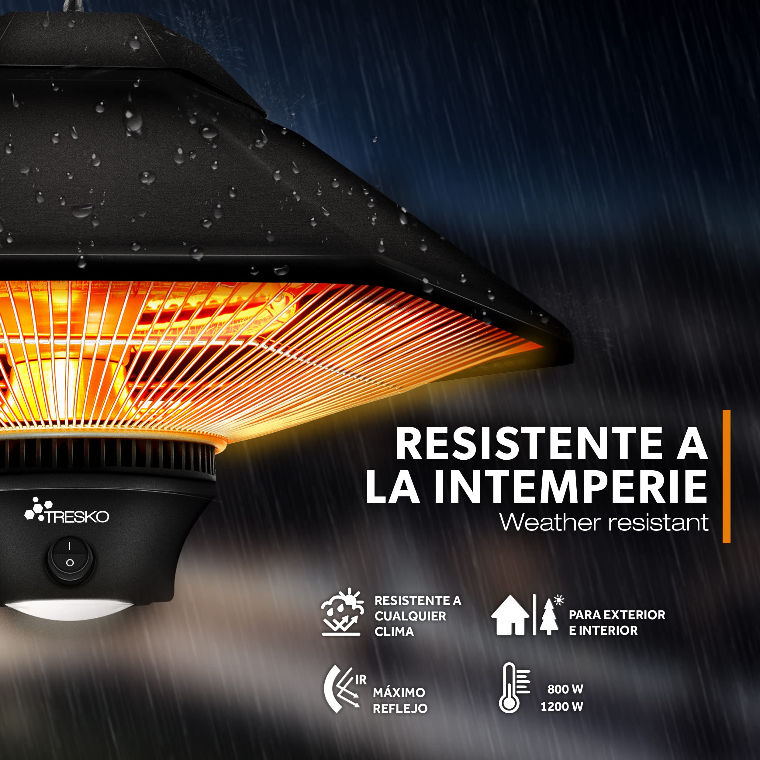 TRESKO Calefactor por Infrarrojos de Pared | 1200W + Control Remoto + Pantalla LED | Estufa Radiante de Terraza con 2 Temperaturas | Radiador Eléctrico para Exterior e Interior | Calentador de Techo