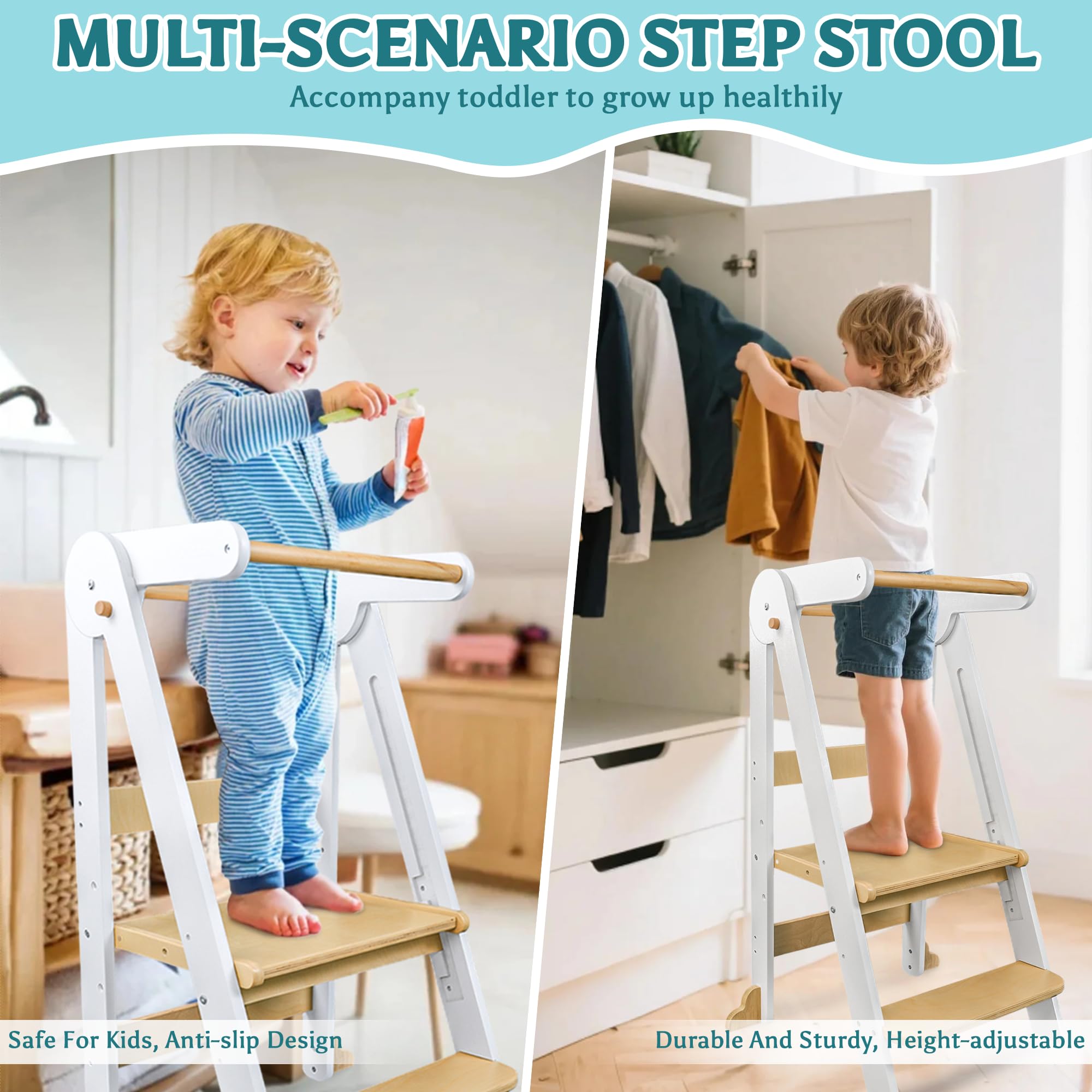 Lernturm Klappbar ab 1 Jahr, 3-stufig Höhenverstellbar Holz Kinder lernturm | Montessori Tritthocker Kinder, Mit Sicherheitsbarriere, Kippschutz, Learning Tower für Küche, Badezimmer, Waschbecken (Weiß)