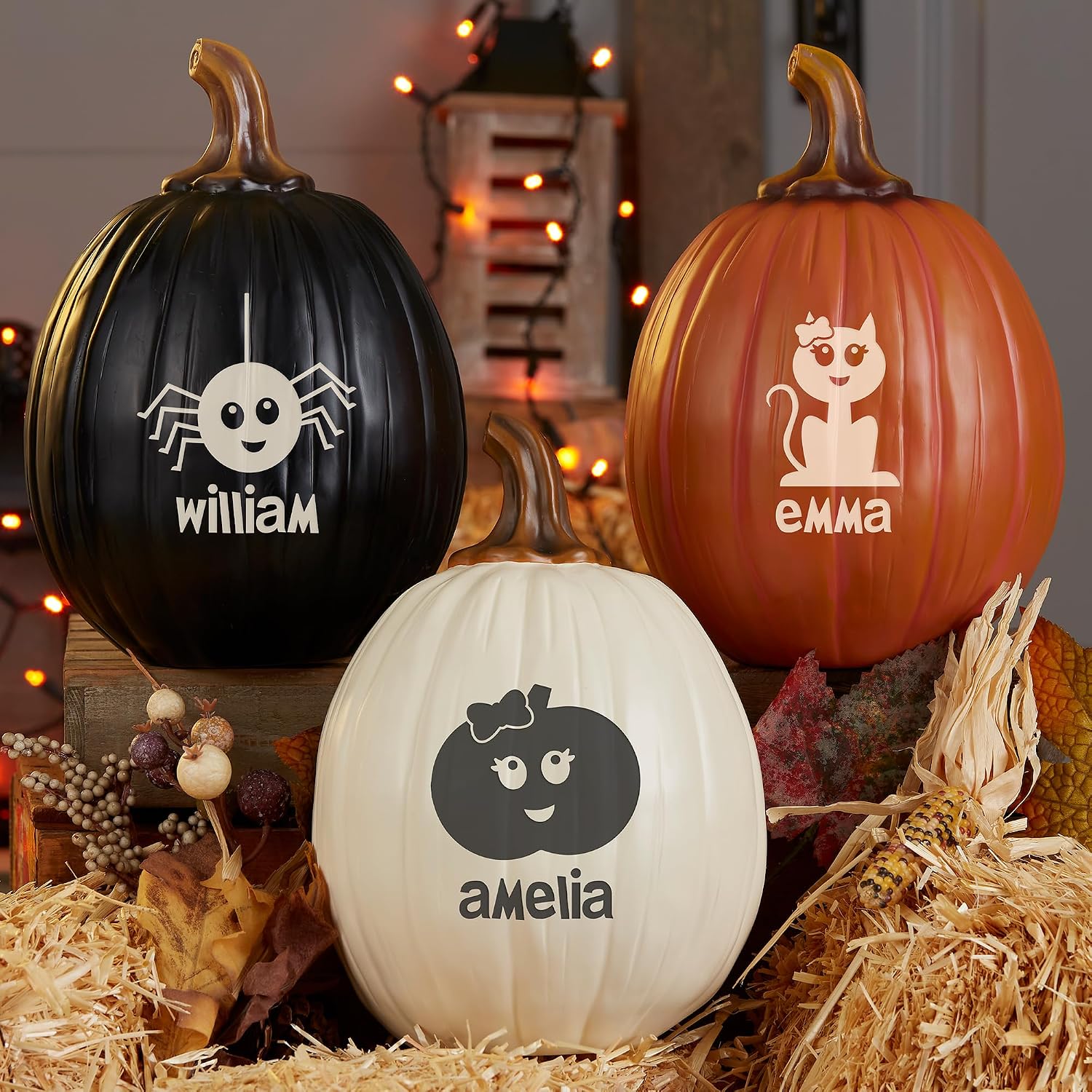Personalization Universe Halloween Characters Personalized Family Resin Pumpkin Decor for Fall, Halloween, and Thanksgiving – Custom Name – Large 9" Orange Pumpkin with 3.5" Stem
