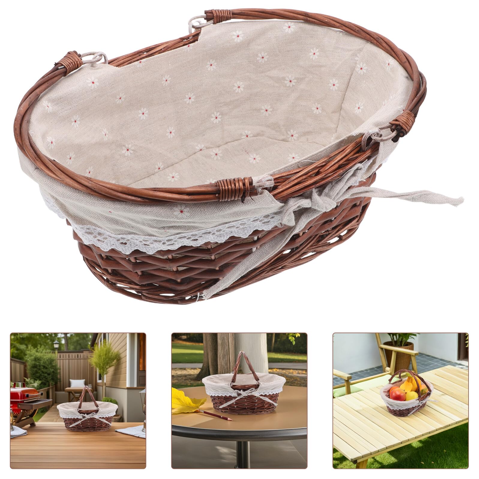 Cesta de Picnic Ovalada Tejida de Ratán con Asa, Adecuado para Almacenamiento de Frutas y Utensilios en Actividades al Aire Libre