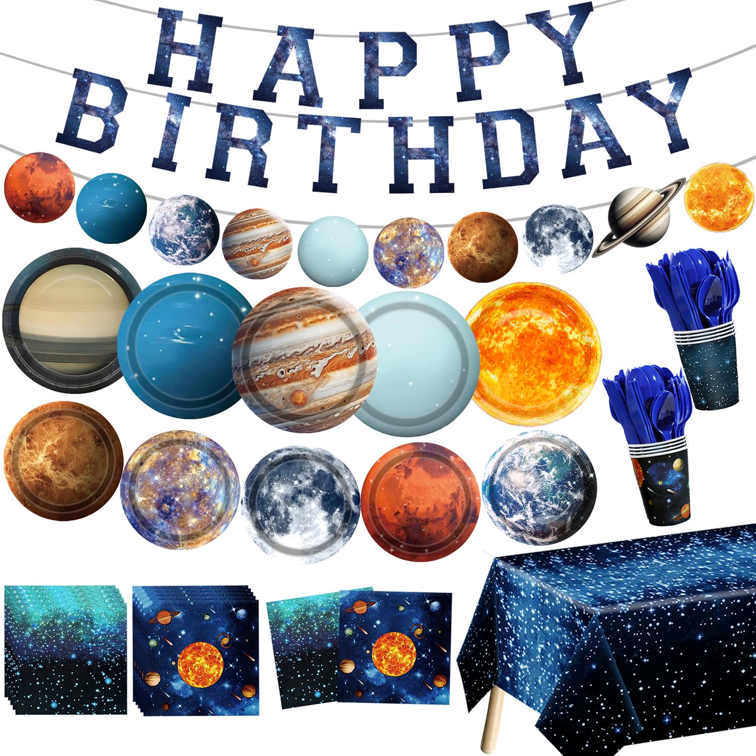 Space Theme Party Decorations 142Pcs Galaxy Planet Outer Space Disposable Plates and Napkins Cups Tablecloth Banner Knives Forks Spoons for Kids Space