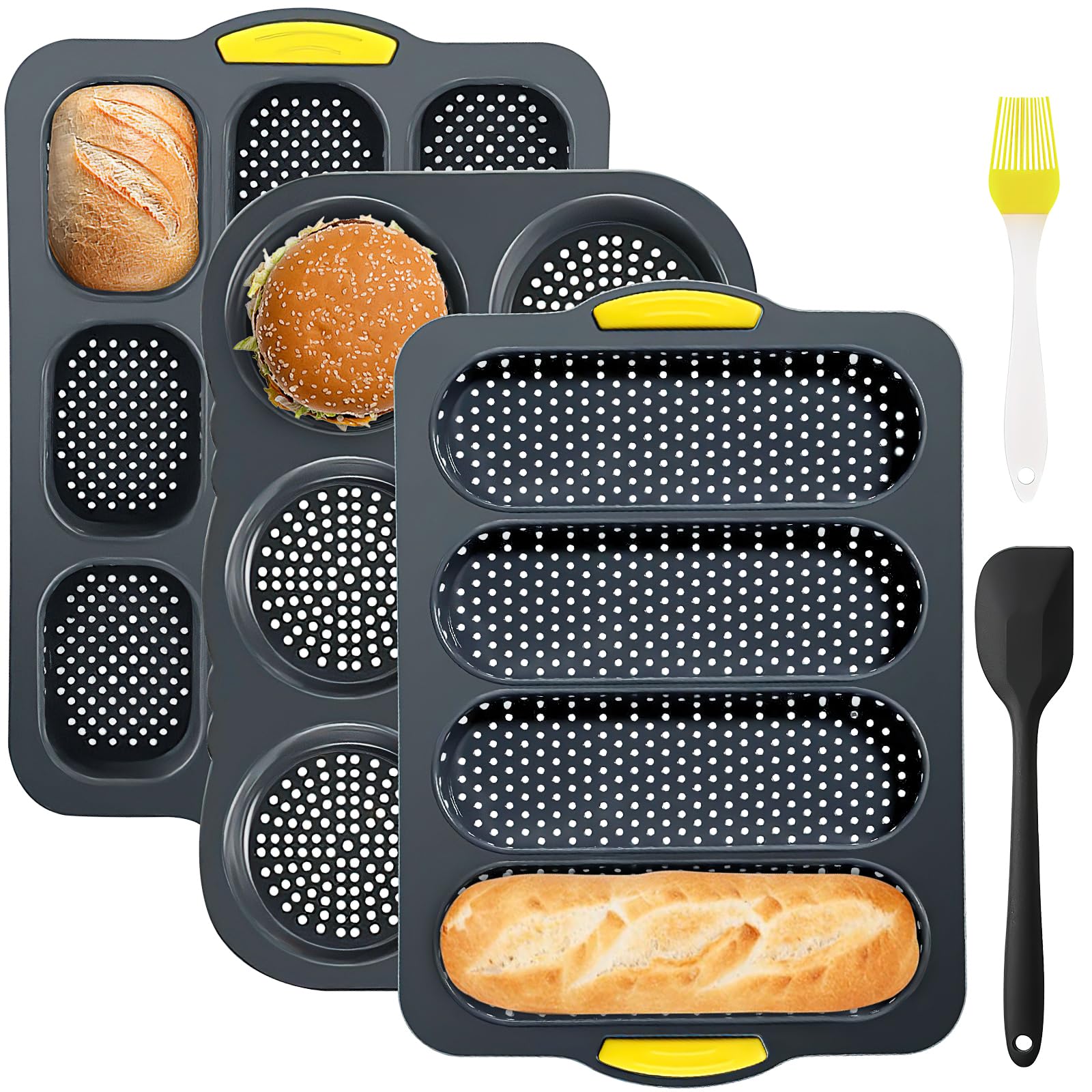 5er Silikon Backformen, 4 6 9 Mulden Burgerform Hot Dog Brötchenform Baguetteform Muffinform mit Teigschaber und Backpinsel für Brot Sandwich Ofen Spülmaschine Mikrowelle geeignet