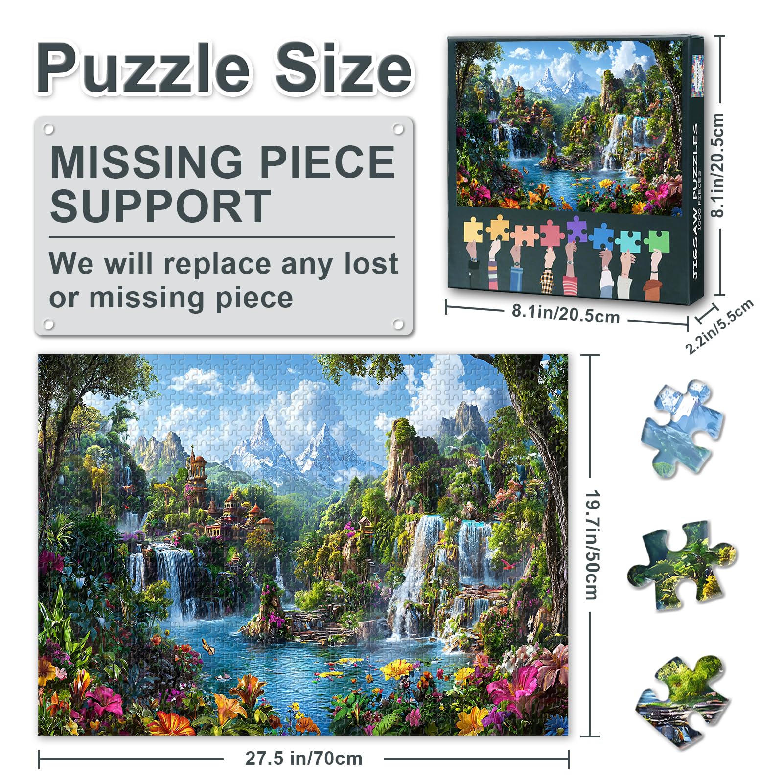Forest Waterfall Puzzles for Adults 1000 Pieces Fantasy Landscape Puzzle Waterfalls and Flora Jigsaw Puzzles Family Challenge Game Suitable for Game Nights Teens Educational Toys Size: 50x70cm - Image 3