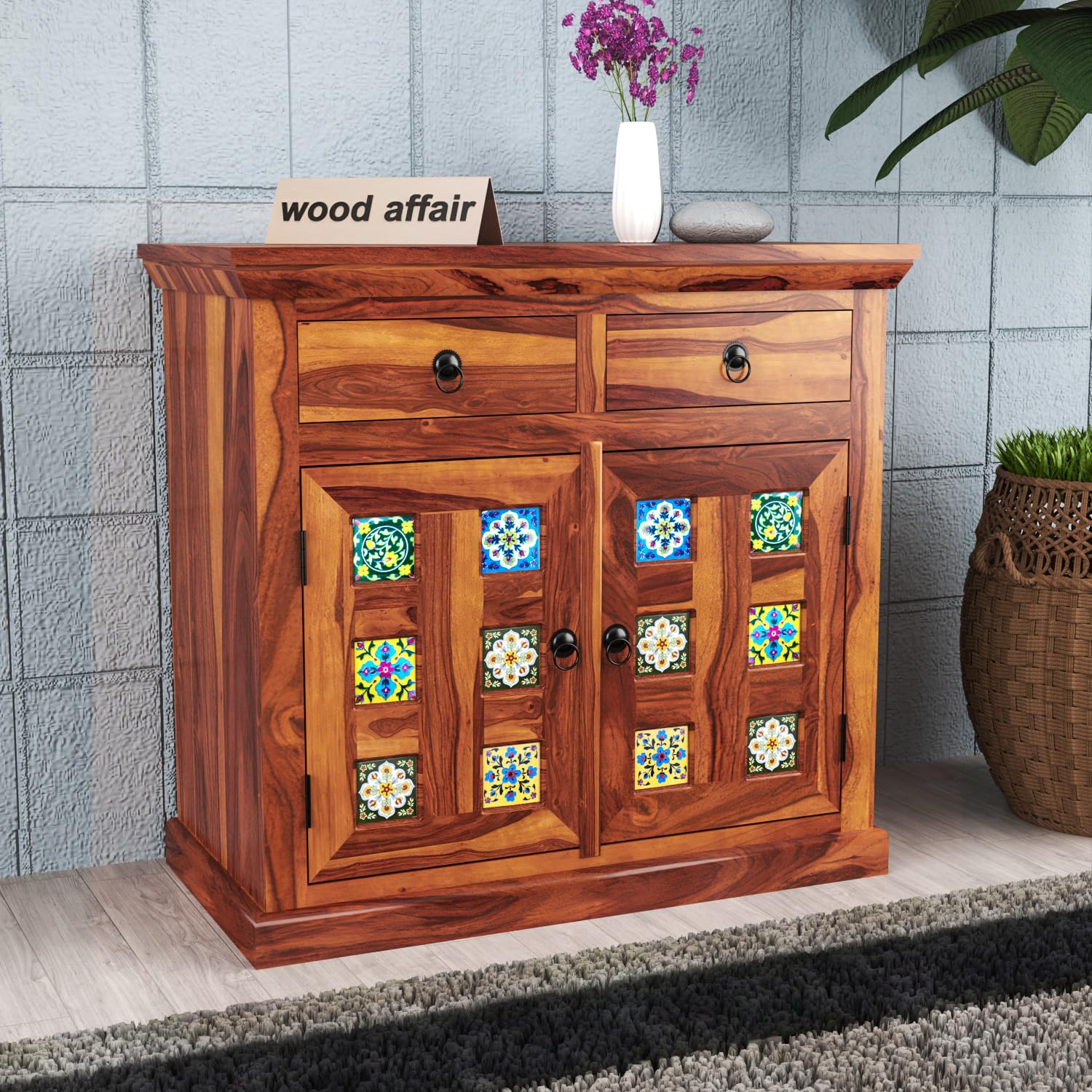 wood affair Small Wooden Cabinet for Living/Dining/Drawing/Bedroom & Office with 2 Drawers & Doors | Solid Wood Sheesham, Honey Finish(Tile)