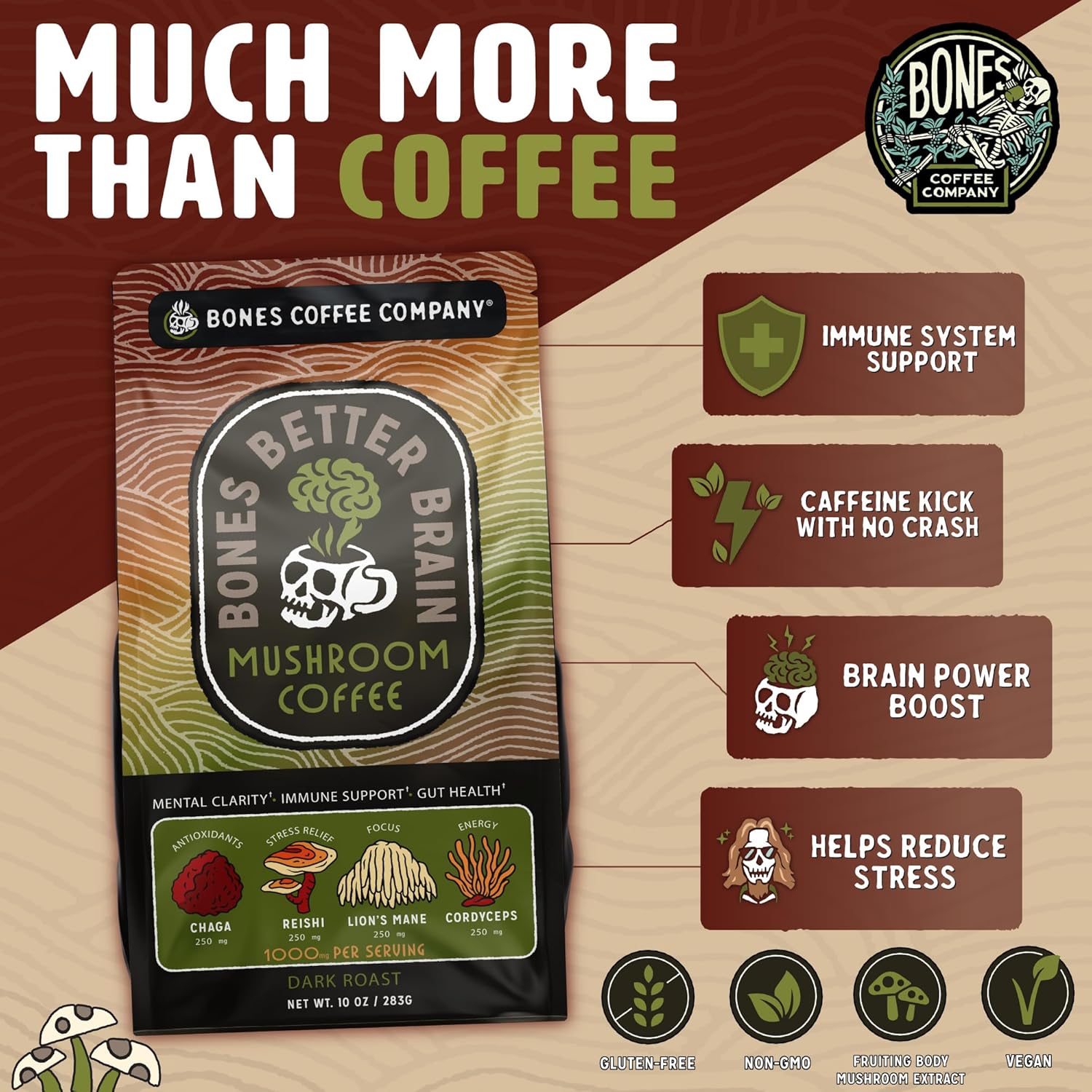 Bones Coffee Company Better Brain Mushroom Coffee Medium Roast & Dark Roast – Functional Coffee with Lion’s Mane & Chaga | Focus, Energy & Clarity | Ground Coffee 2-Pack Virtual Bundle