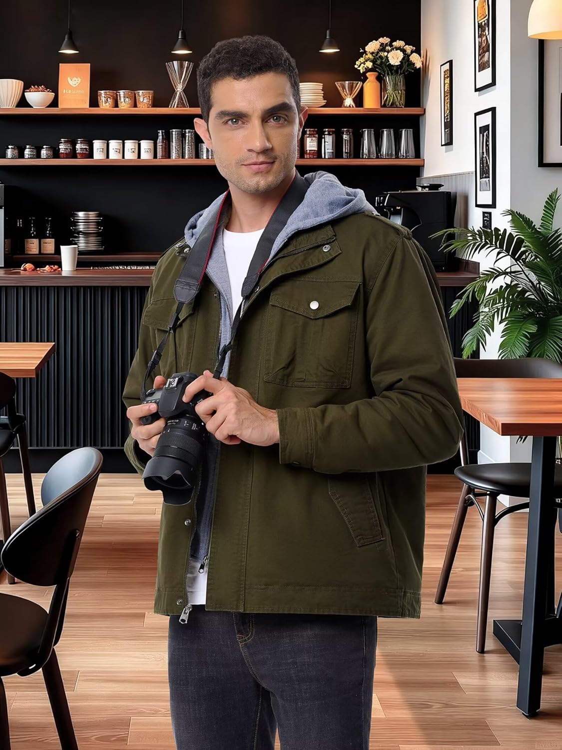 Men’s Winter Military Casual Jacket with Removable Hood Sherpa Lined Cotton Fleece Cargo Coat for Fall and Work - Image 3