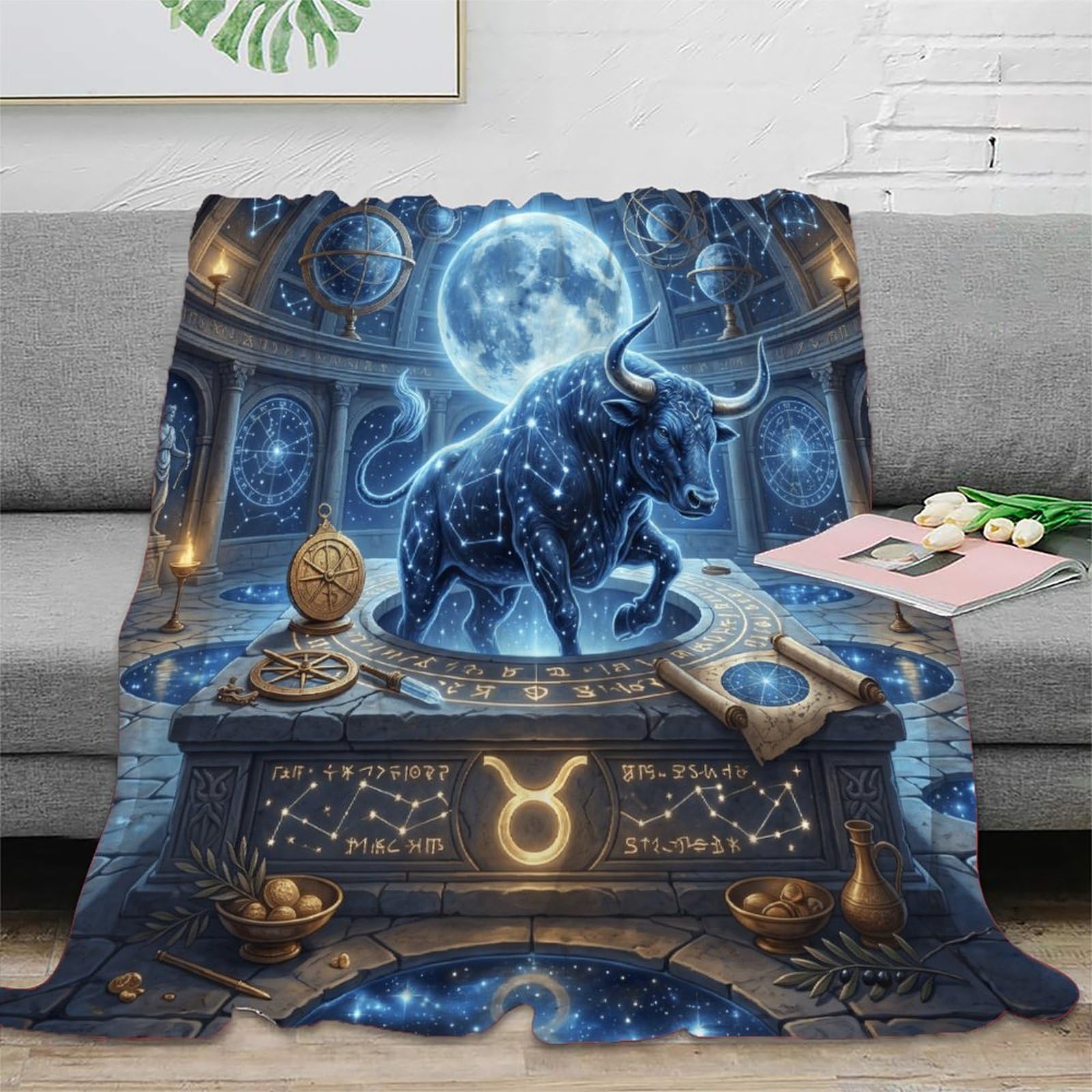 W7C8U2X3 Taurus Zodiac Celestial Flannel Throw Blanket, Bedroom Sofa Couch
