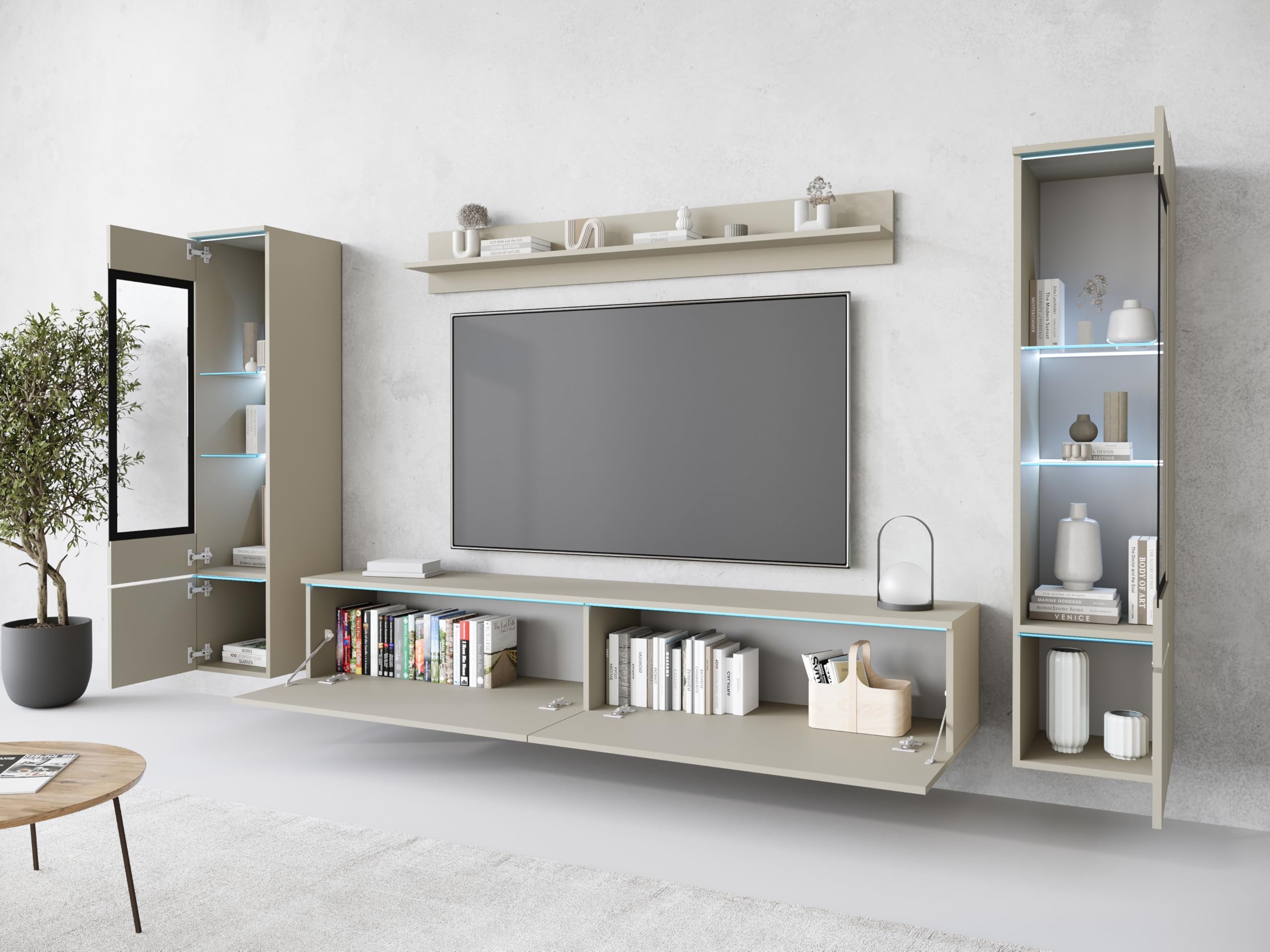 PIASKI Wohnzimmermöbel-Set Vera II, optionale LED-Beleuchtung, Wohnzimmermöbel, verschiedene Farben (Cashmir-Beige, ohne Beleuchtung)