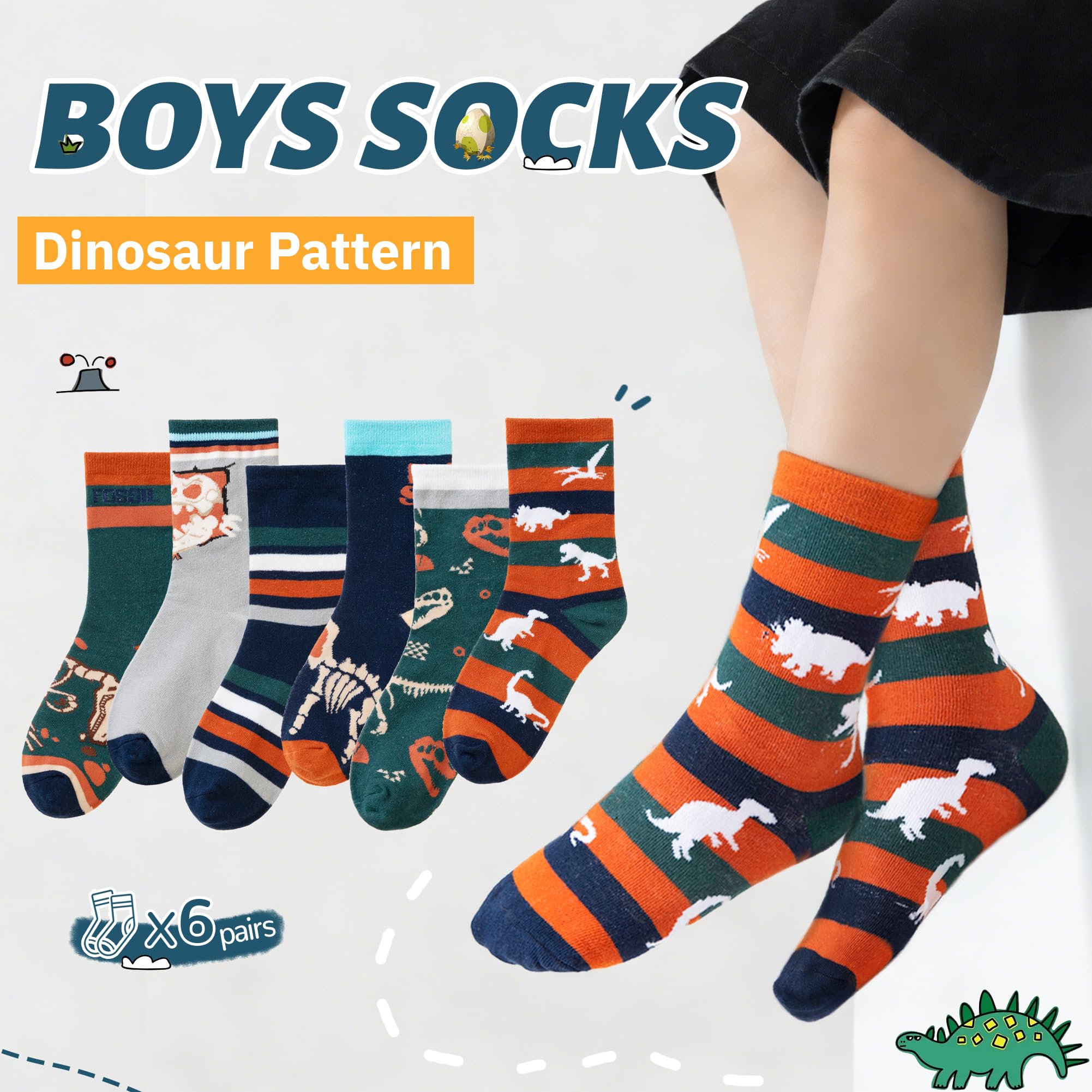 Lot de 6 paires de chaussettes en coton pour garçons - Motif animal - Doux et amusant - Tendance - Respirantes