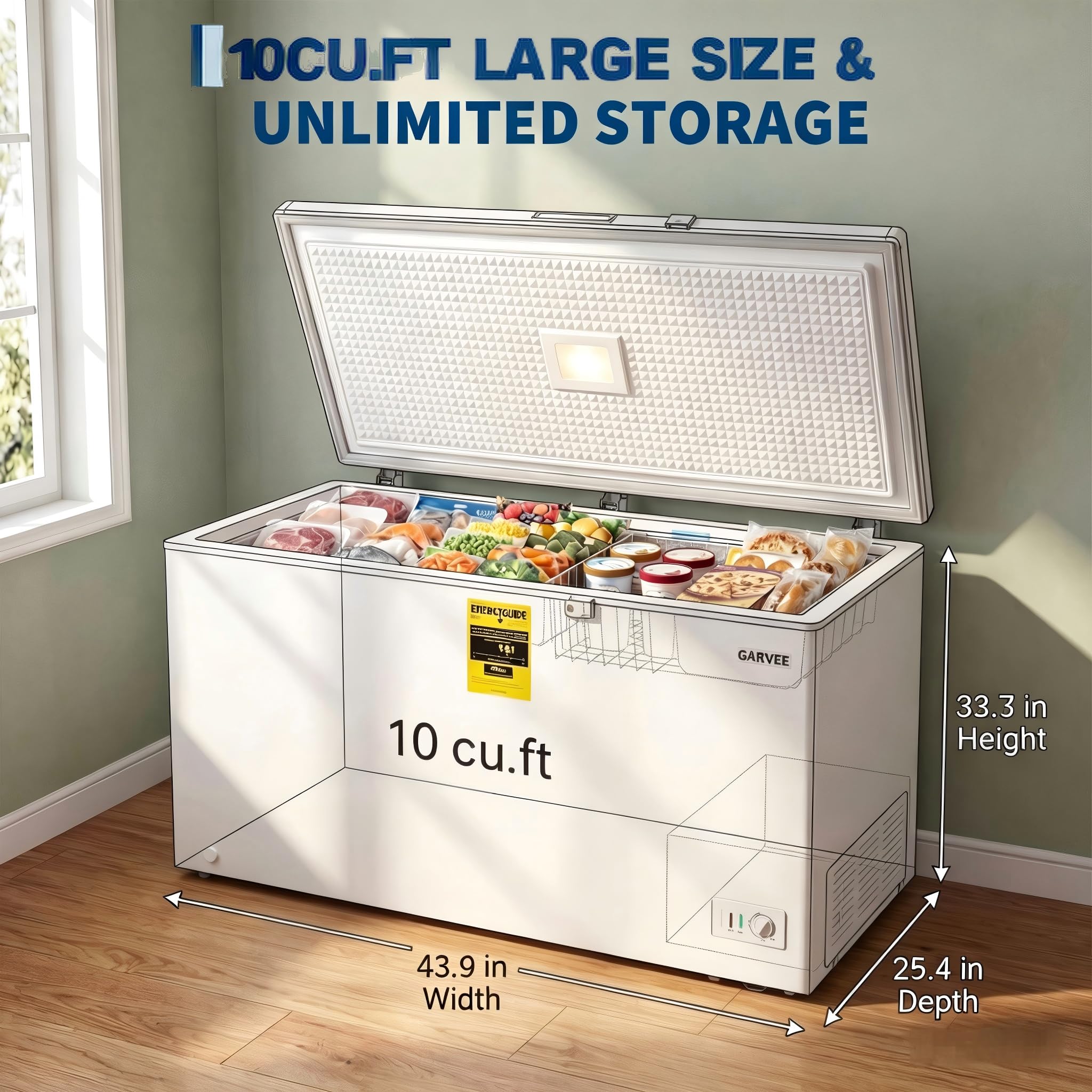 Garvee Chest Freezer, 10 Cubic Feet Large Capacity Freezer Stand Alone with 6 Movable Wheels, Mechanical Temperature Control, 2 Removable Baskets, for Garage/Home/Office, White on Fridge.com