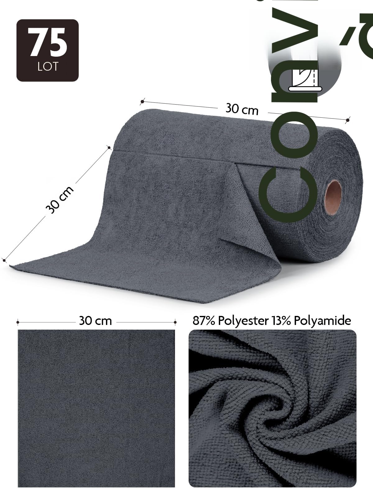 Fantasticlean Lot de 75 Chiffons de Nettoyage, Rouleau de Chiffons en Microfibre Déchirables, Lavettes Réutilisables et Non Pelucheux 30 x 30 cm - Gris Foncé