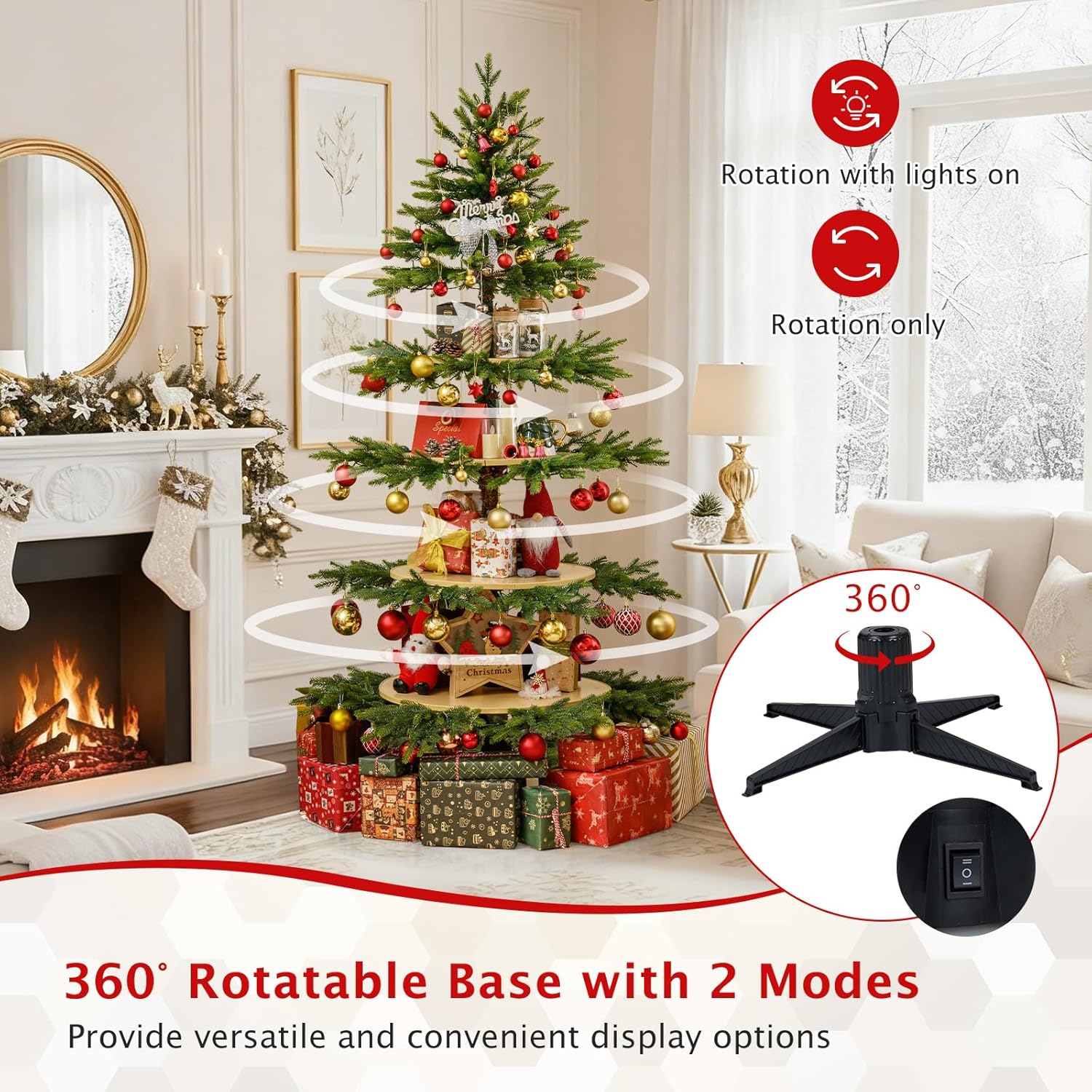 Goplus 6.4 FT Pre-Lit Rotating Christmas Tree with Display Shelves, 360° Rotatable Base, 220 Warm White & Multicolored LED Lights, 11 Modes, 280 Branch Tips, Hinged Artificial Xmas Tree for Home