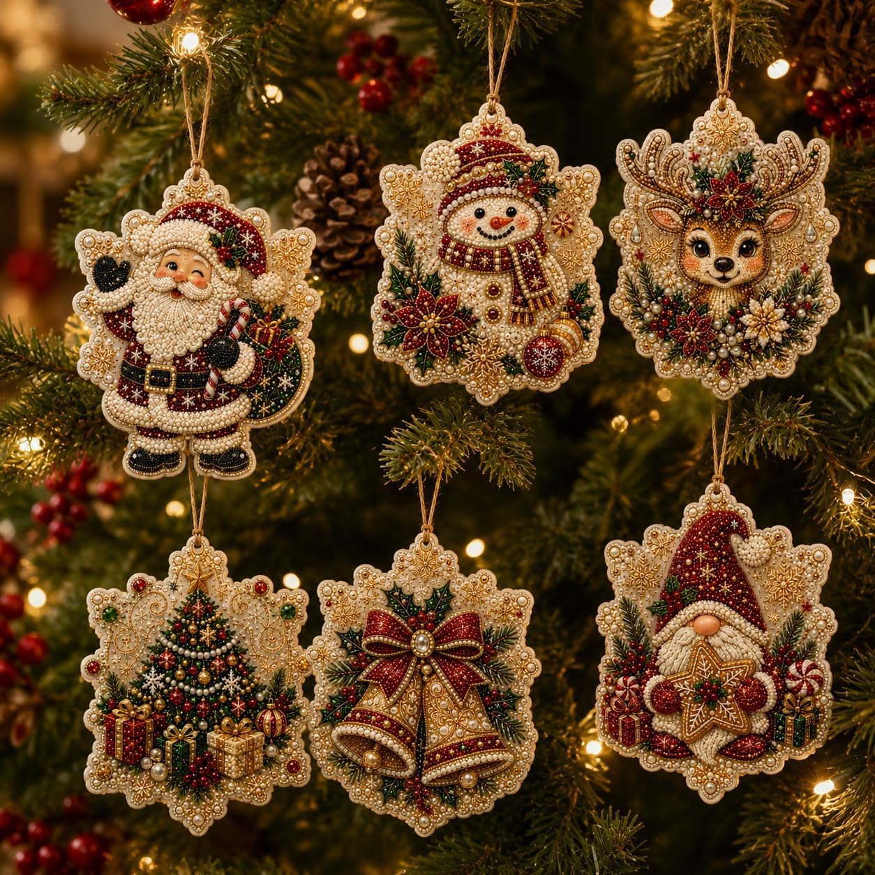 BibHoly 6PCS Christmas Wooden Ornaments DIY Pearl Diamond Painting Kit (#G)