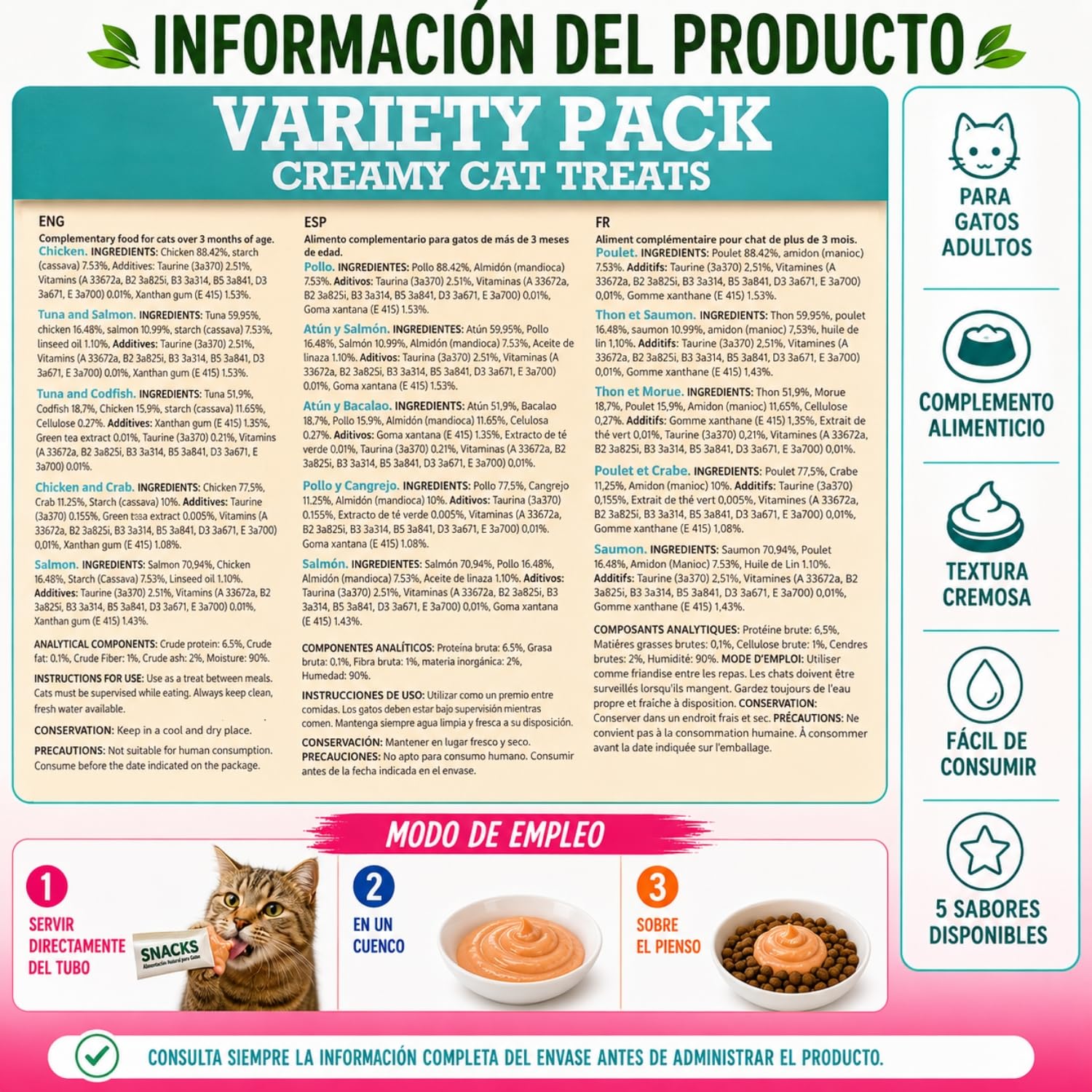 Snacks Gatos - Pack Variado Natural de Snacks Saludables 5 Recetas - Deliciosos Premios con Textura Suave y Cremosa - 1680gr (120x14gr)